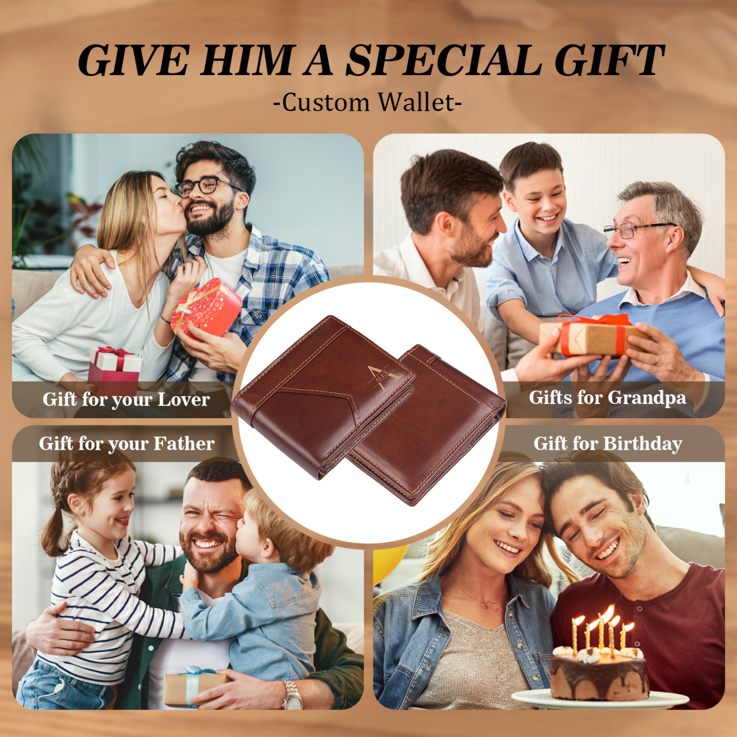 Portefeuille en Cuir Personnalisé avec 1 Prénom et 1 Initiale Cadeau Saint-Valentin pour Homme | Jessemade
