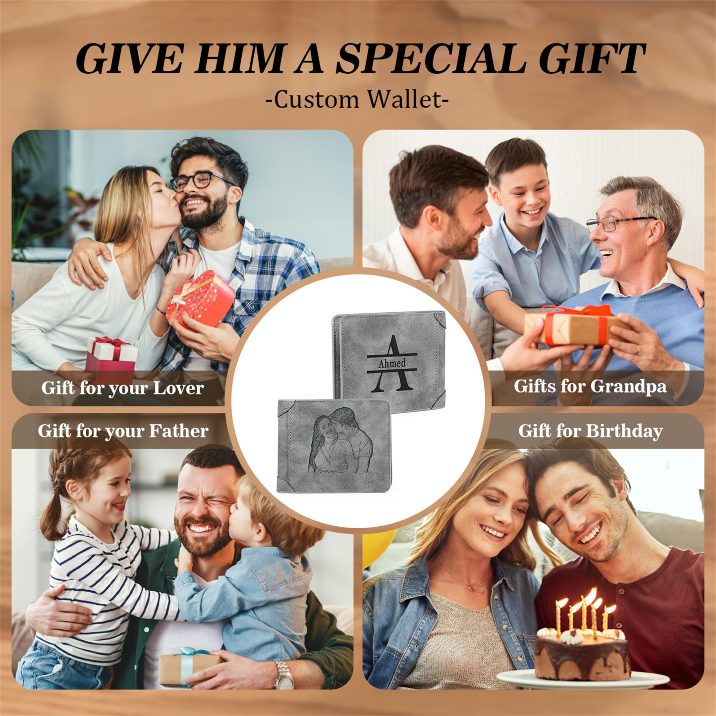 Portefeuille en Cuir Prénom Personnalisé avec Photo et Initiale Cadeau Classique pour Homme | Jessemade