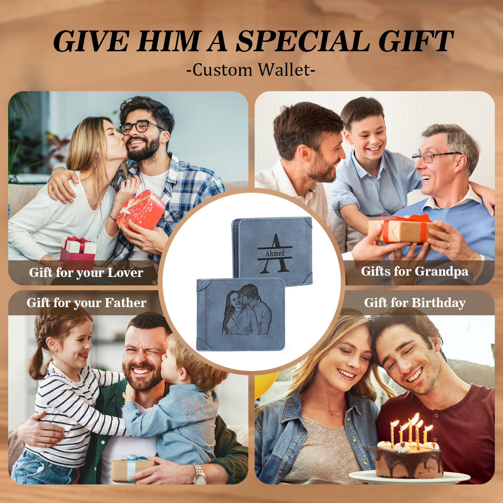 Portefeuille Classique en Cuir Prénom Personnalisé avec Gravure Photo et Initiales pour Homme | Jessemade