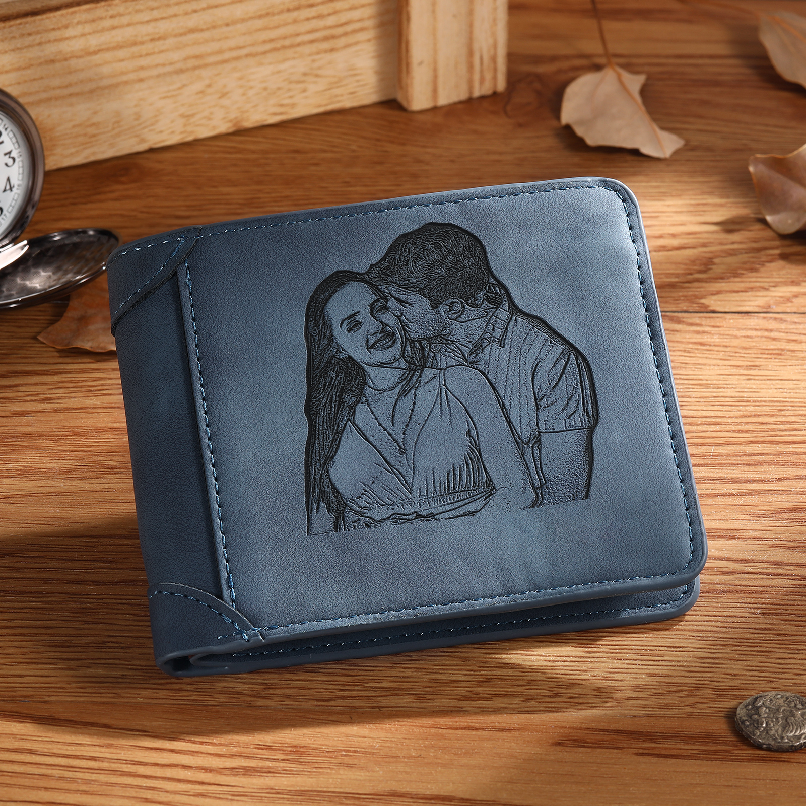 Portefeuille Classique en Cuir Prénom Personnalisé avec Gravure Photo et Initiales pour Homme | Jessemade