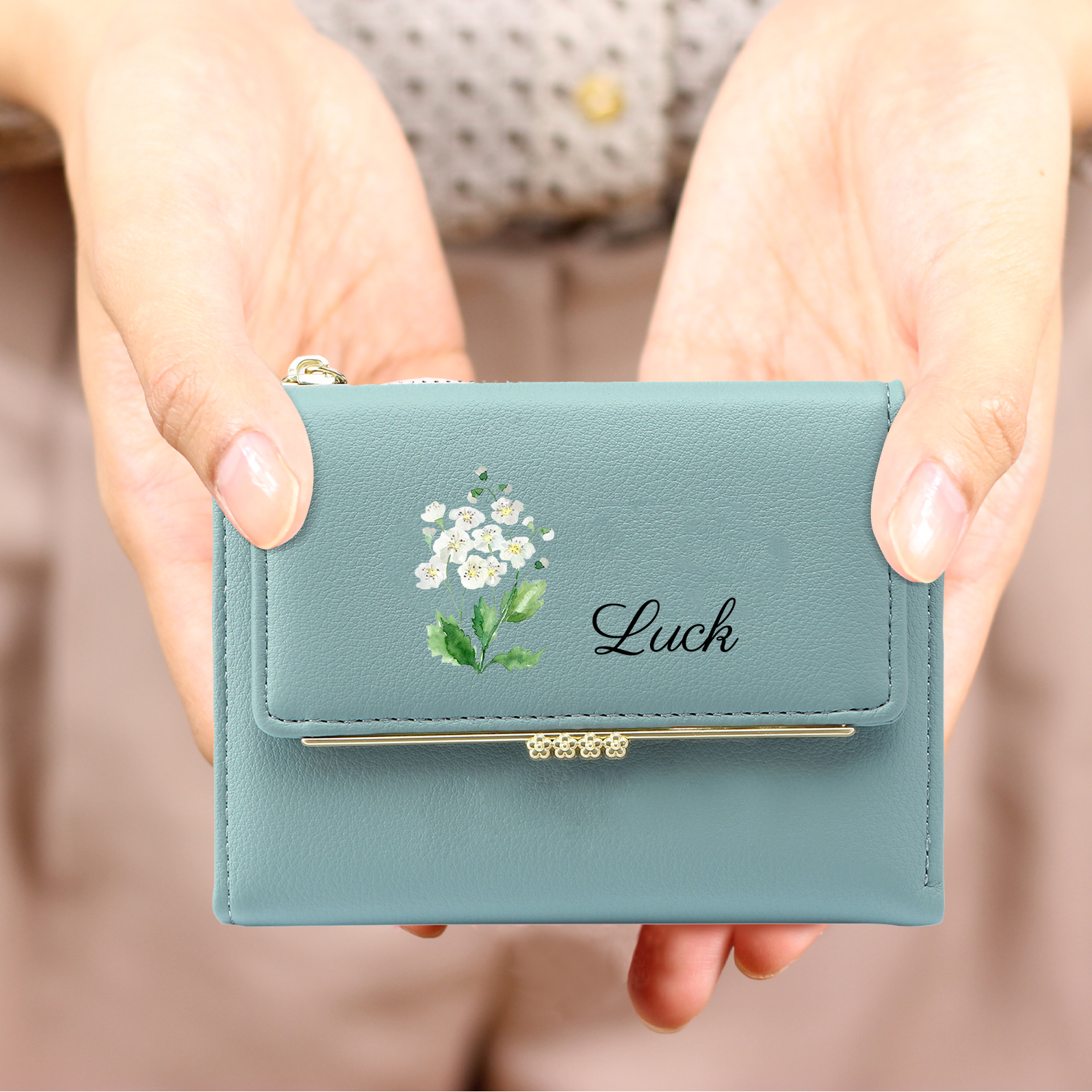 Portefeuille long en cuir PU 1 Prénom personnalisé avec photo et fleur de naissance Cadeau pour femme Rose Bleu Blege | Jessemade