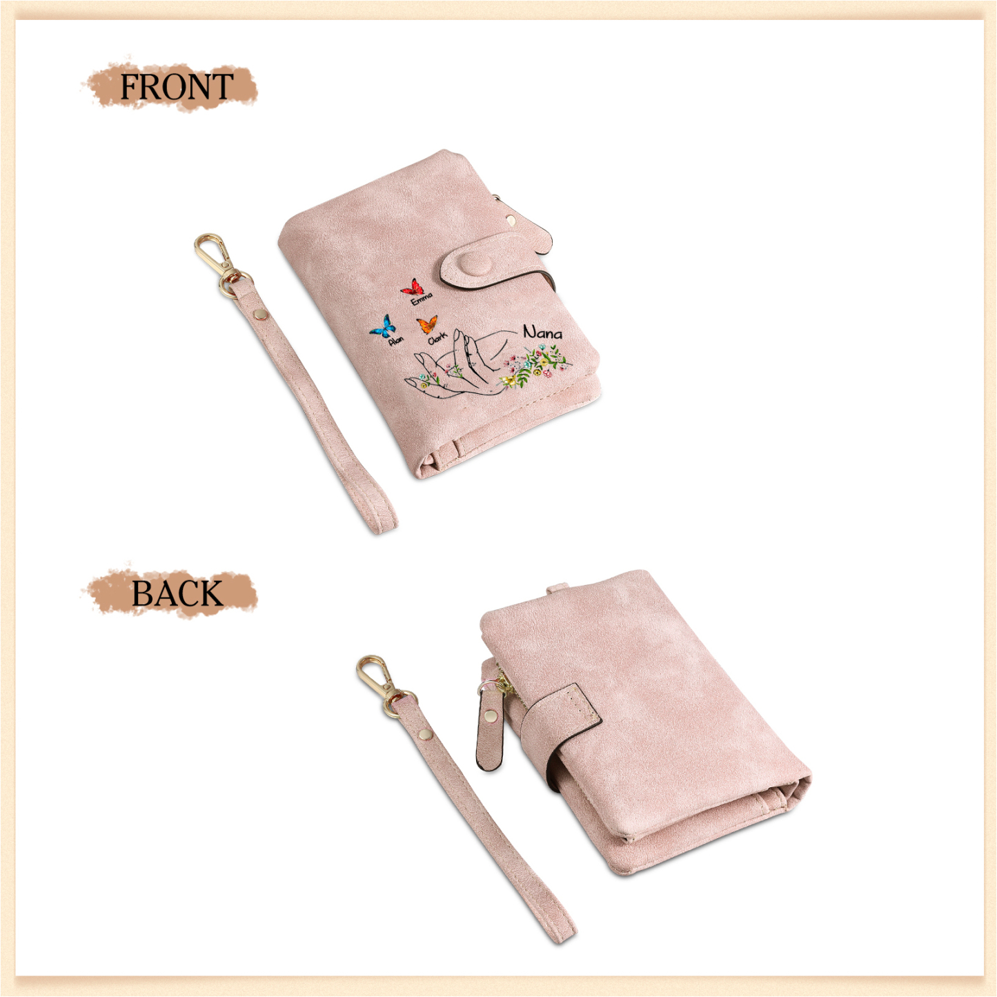 À Maman/Mamie Portefeuille Personnalisé Poudré avec 4 Prénoms et Papillons Porte-Monnaie Carte Rose | Jessemade
