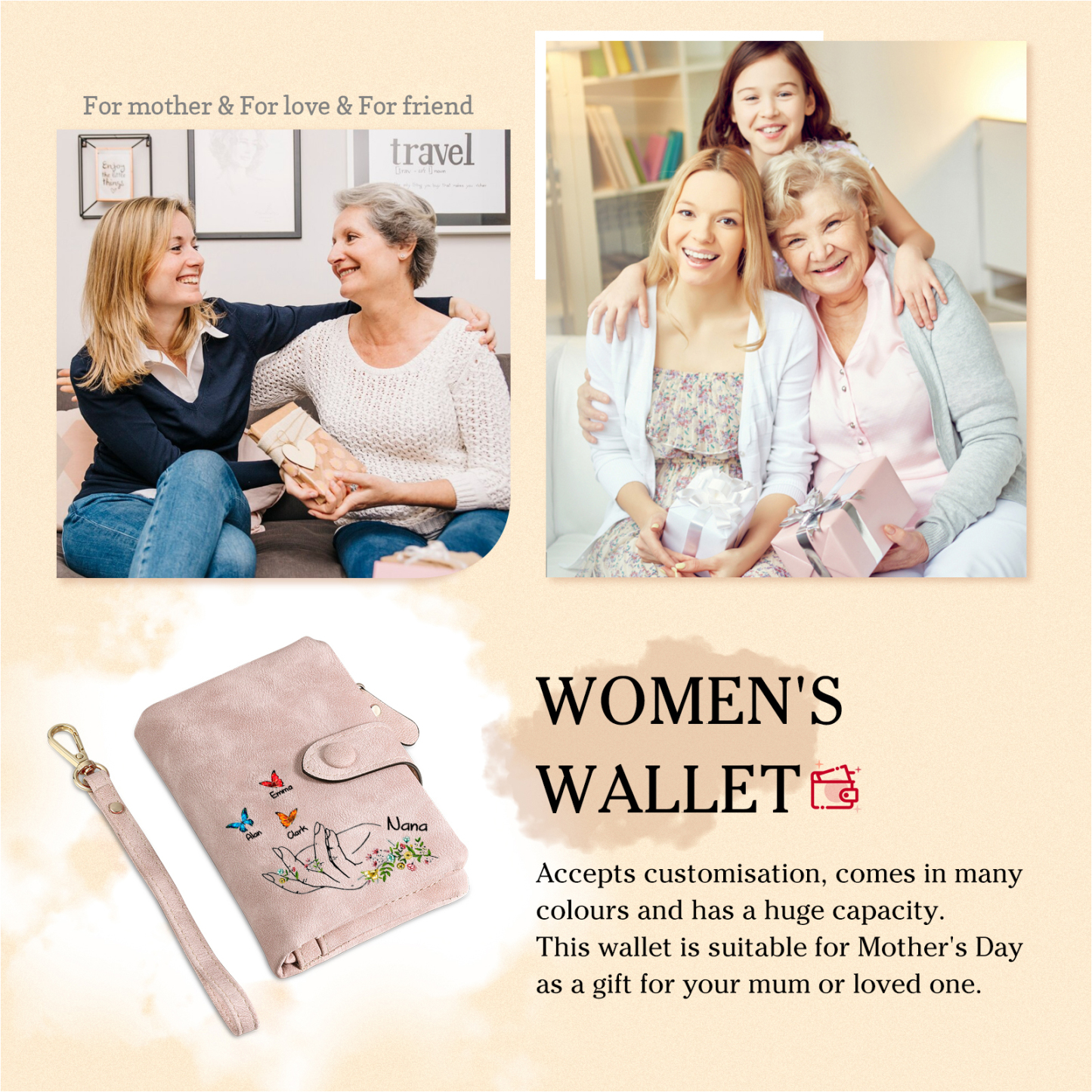 À Maman/Mamie Portefeuille Personnalisé Poudré avec 4 Prénoms et Papillons Porte-Monnaie Carte Rose | Jessemade
