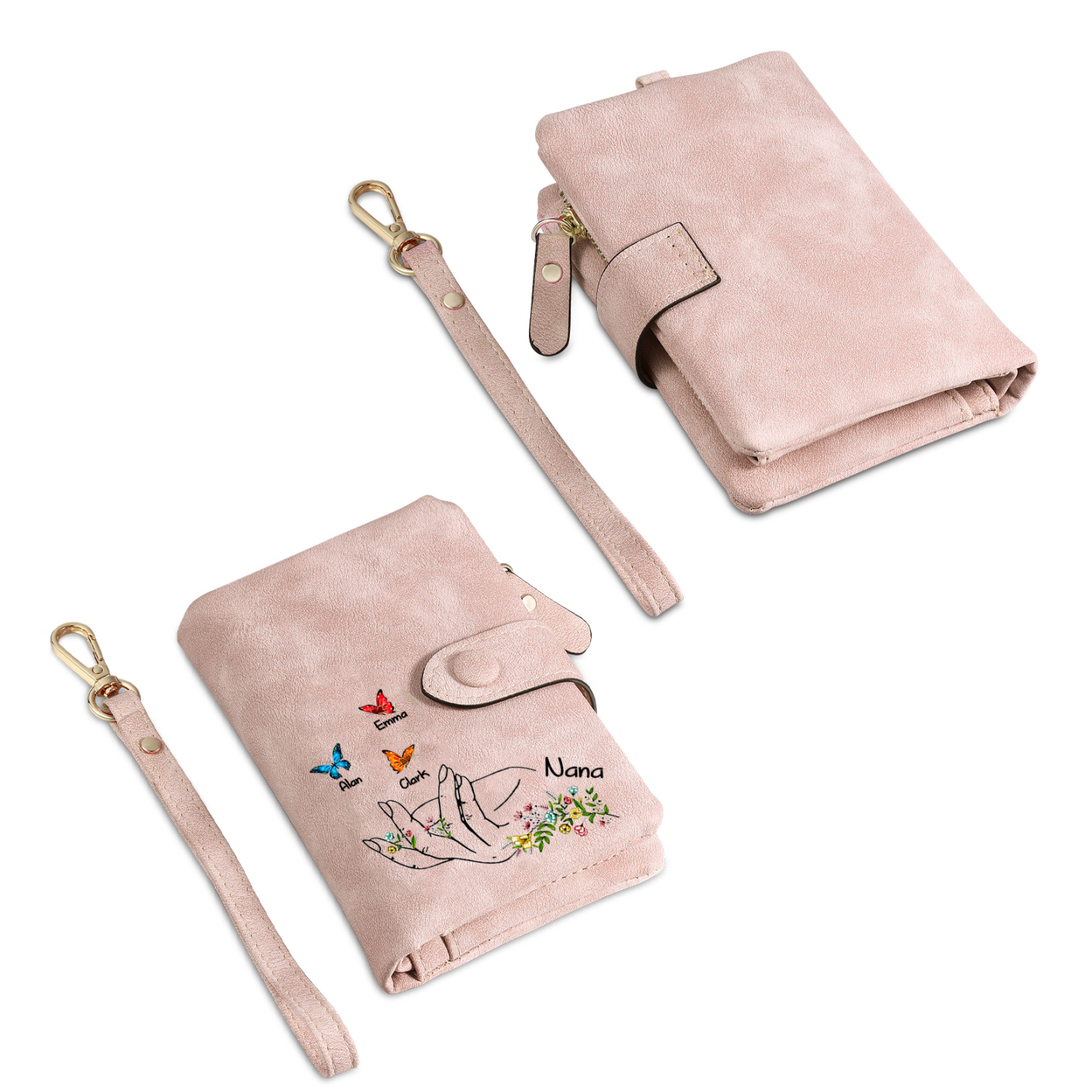 À Maman/Mamie Portefeuille Personnalisé Poudré avec 4 Prénoms et Papillons Porte-Monnaie Carte Rose | Jessemade