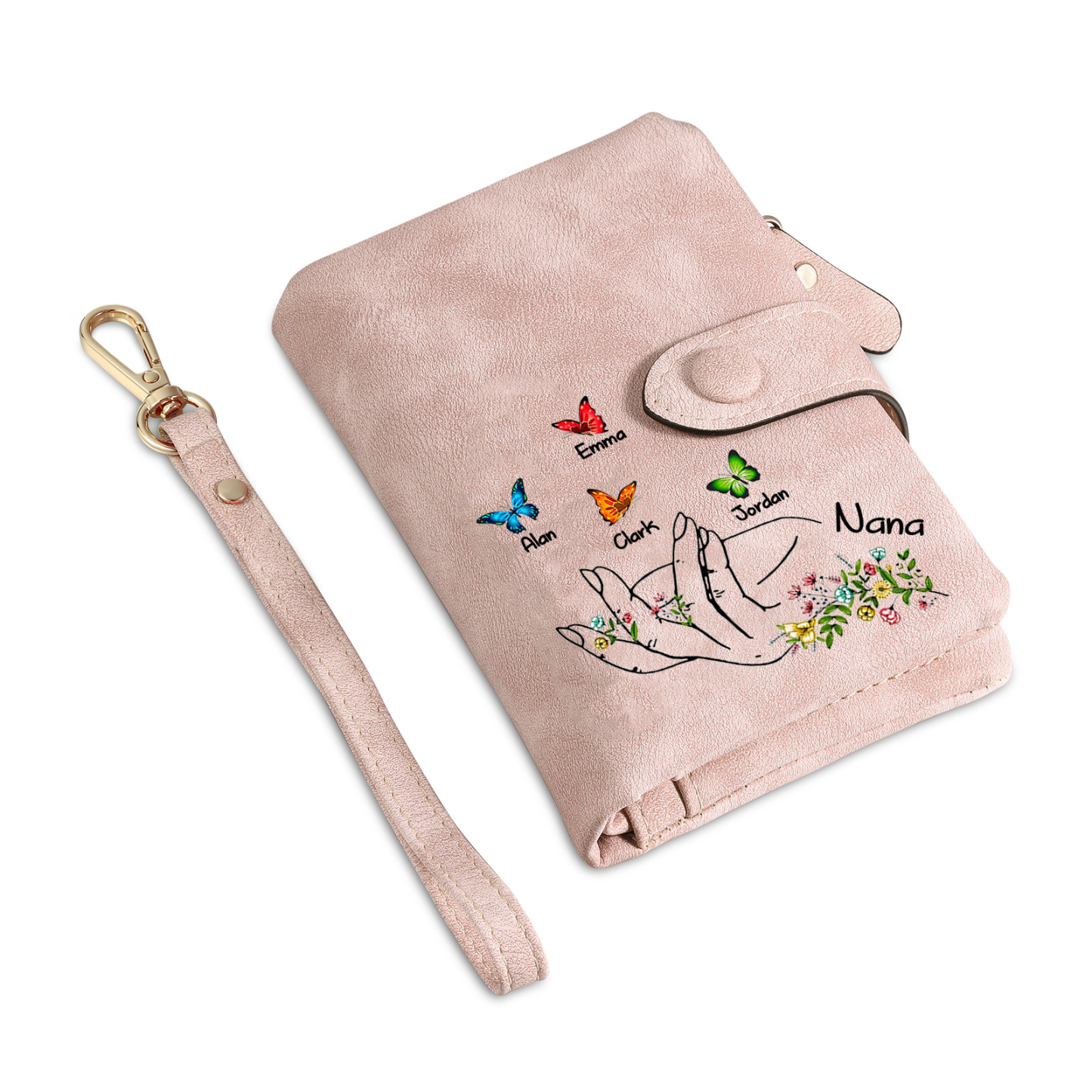 À Maman/Mamie Portefeuille Personnalisé Poudré avec 5 Prénoms et Papillons Porte-Monnaie Carte Rose | Jessemade