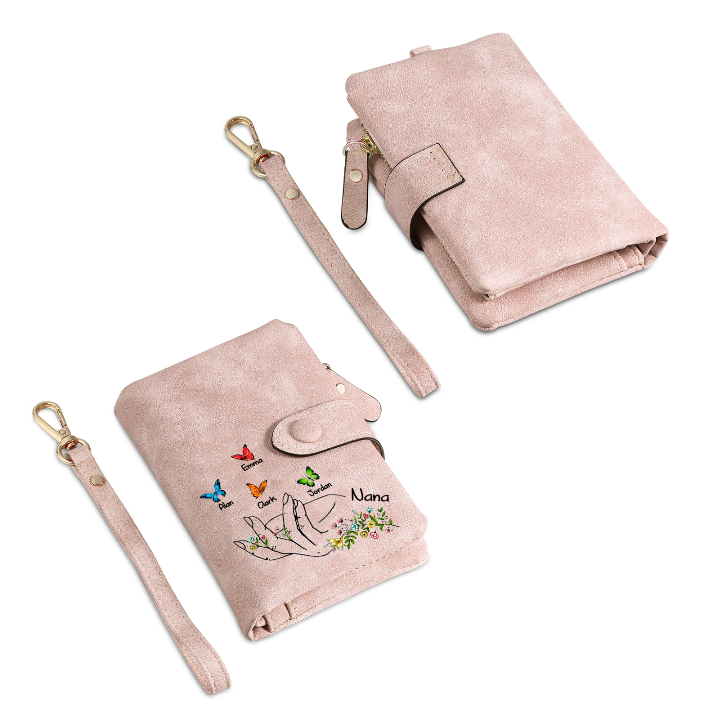 À Maman/Mamie Portefeuille Personnalisé Poudré avec 5 Prénoms et Papillons Porte-Monnaie Carte Rose | Jessemade