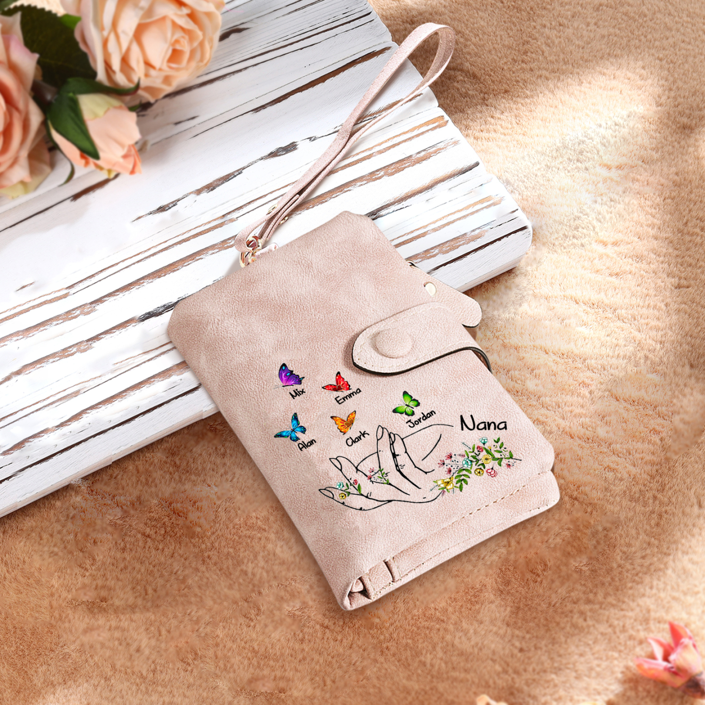 À Maman/Mamie Portefeuille Personnalisé Poudré avec 6 Prénoms et Papillons Porte-Monnaie Carte Rose | Jessemade
