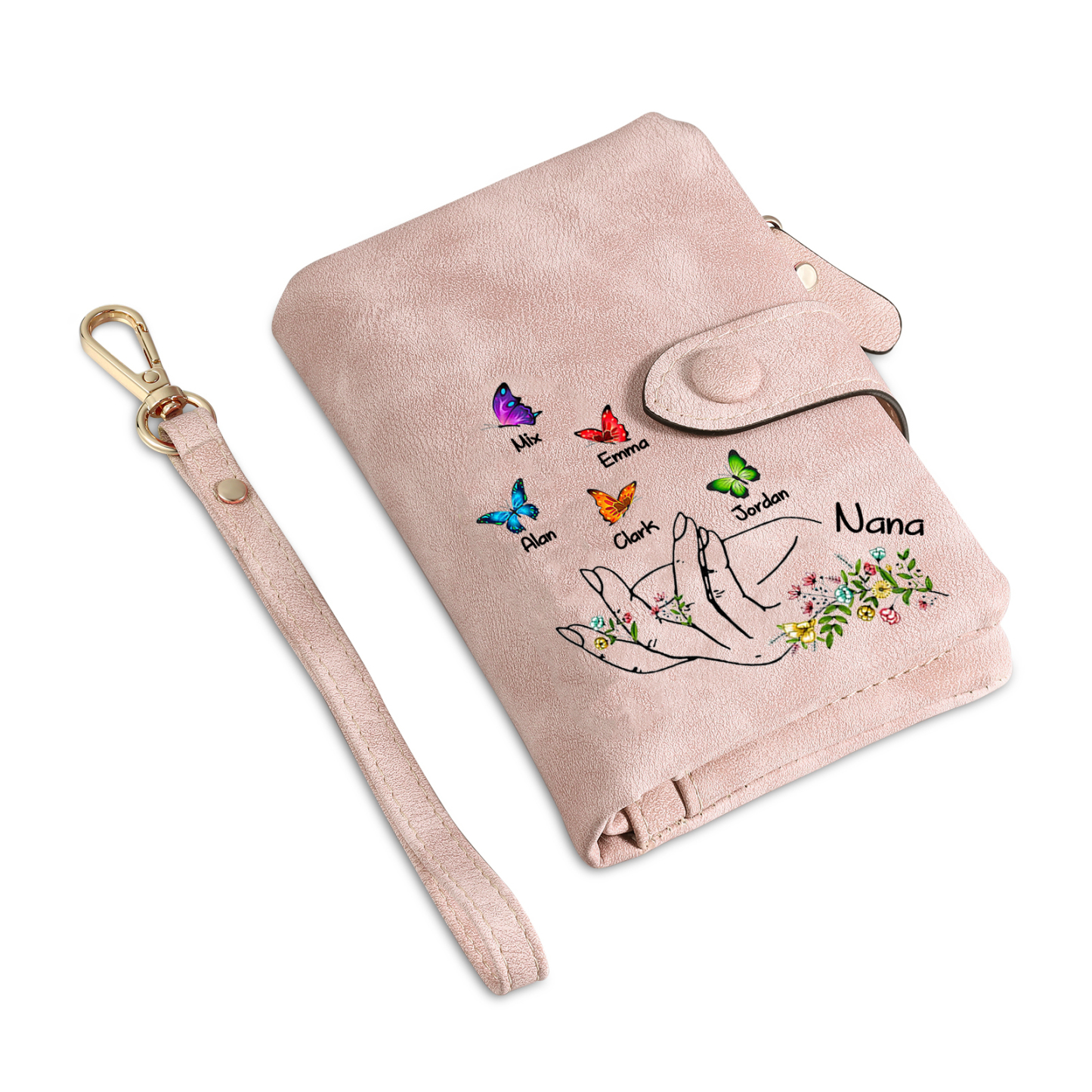 À Maman/Mamie Portefeuille Personnalisé Poudré avec 6 Prénoms et Papillons Porte-Monnaie Carte Rose | Jessemade