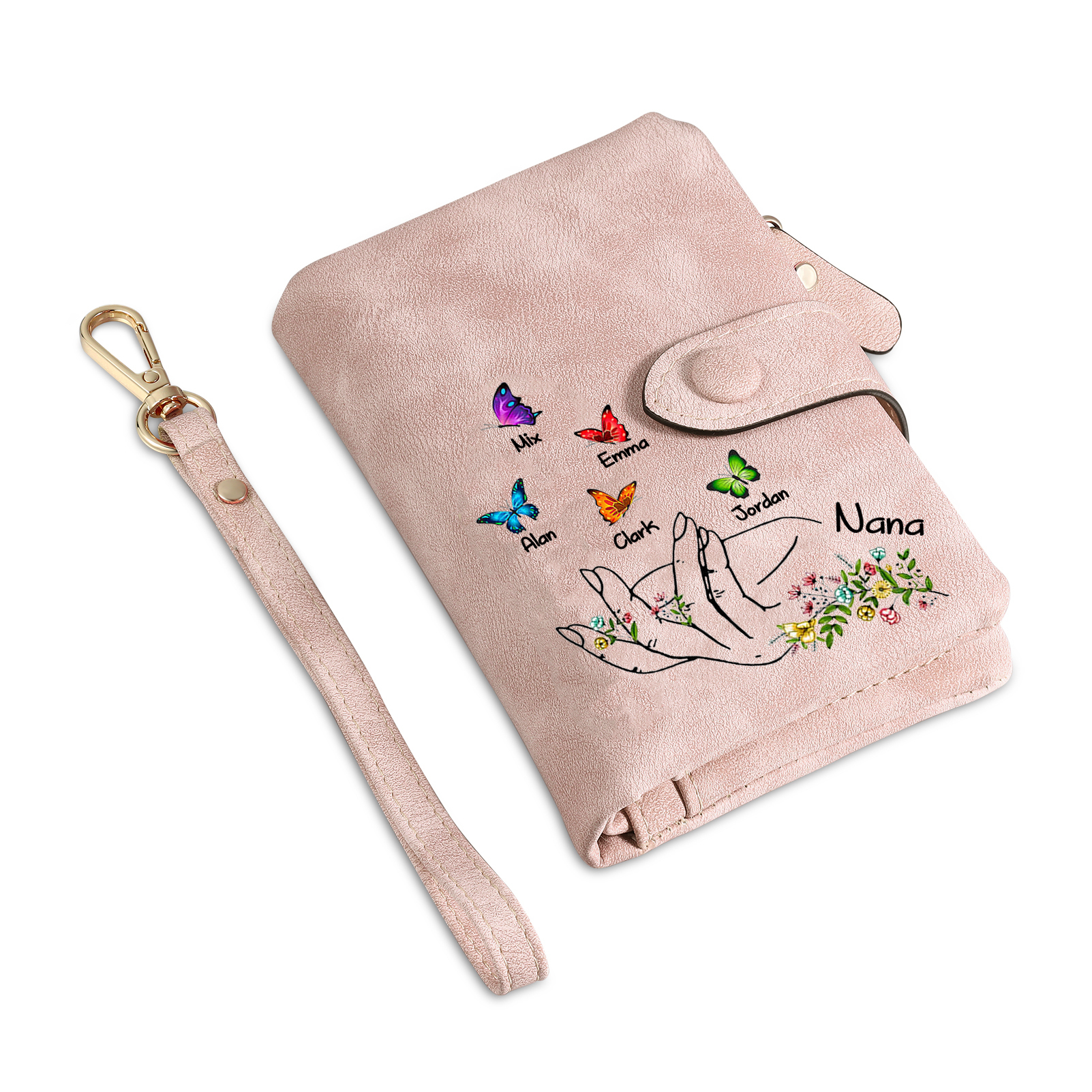 À Maman/Mamie Portefeuille Personnalisé Poudré avec 6 Prénoms et Papillons Porte-Monnaie Carte Rose | Jessemade
