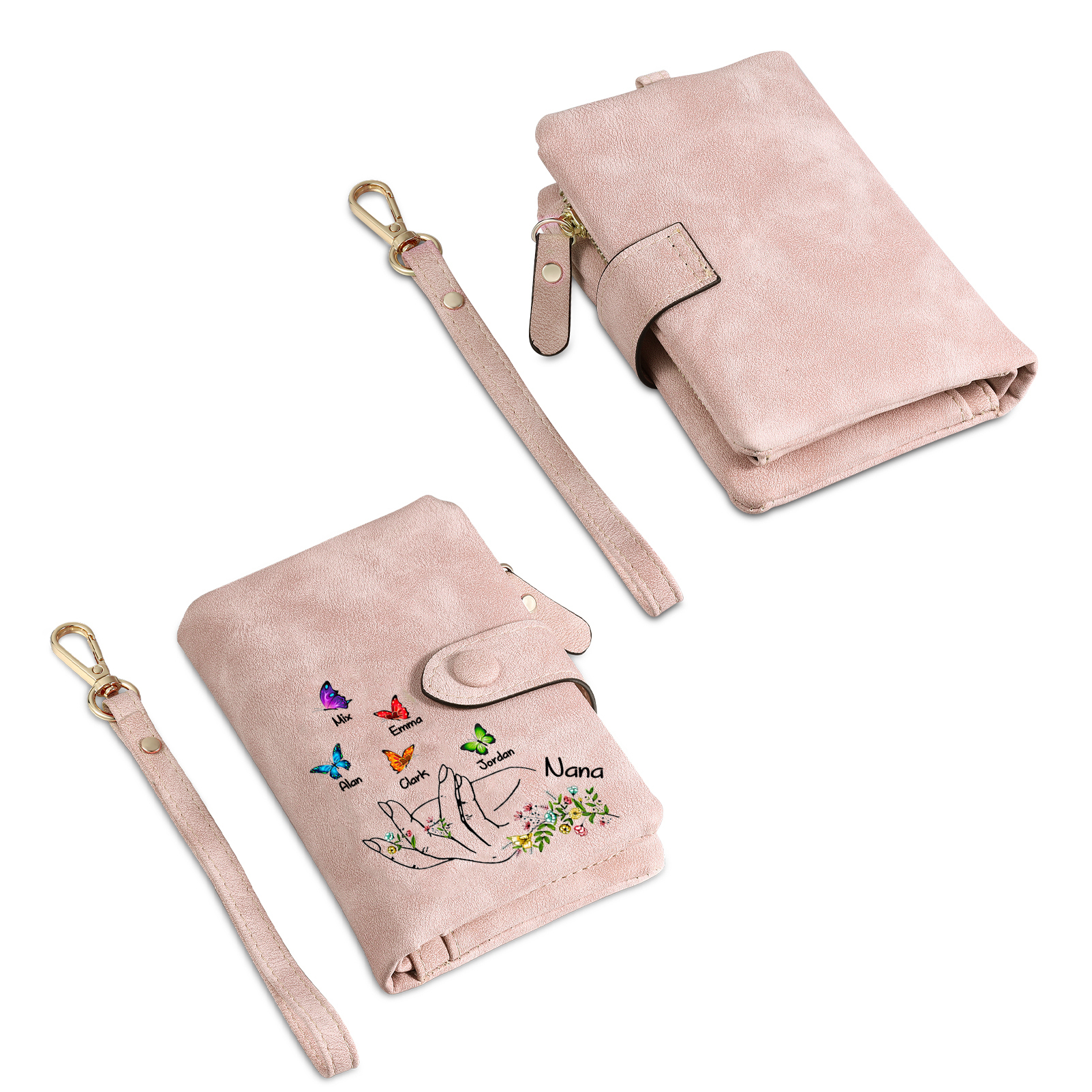 À Maman/Mamie Portefeuille Personnalisé Poudré avec 6 Prénoms et Papillons Porte-Monnaie Carte Rose | Jessemade