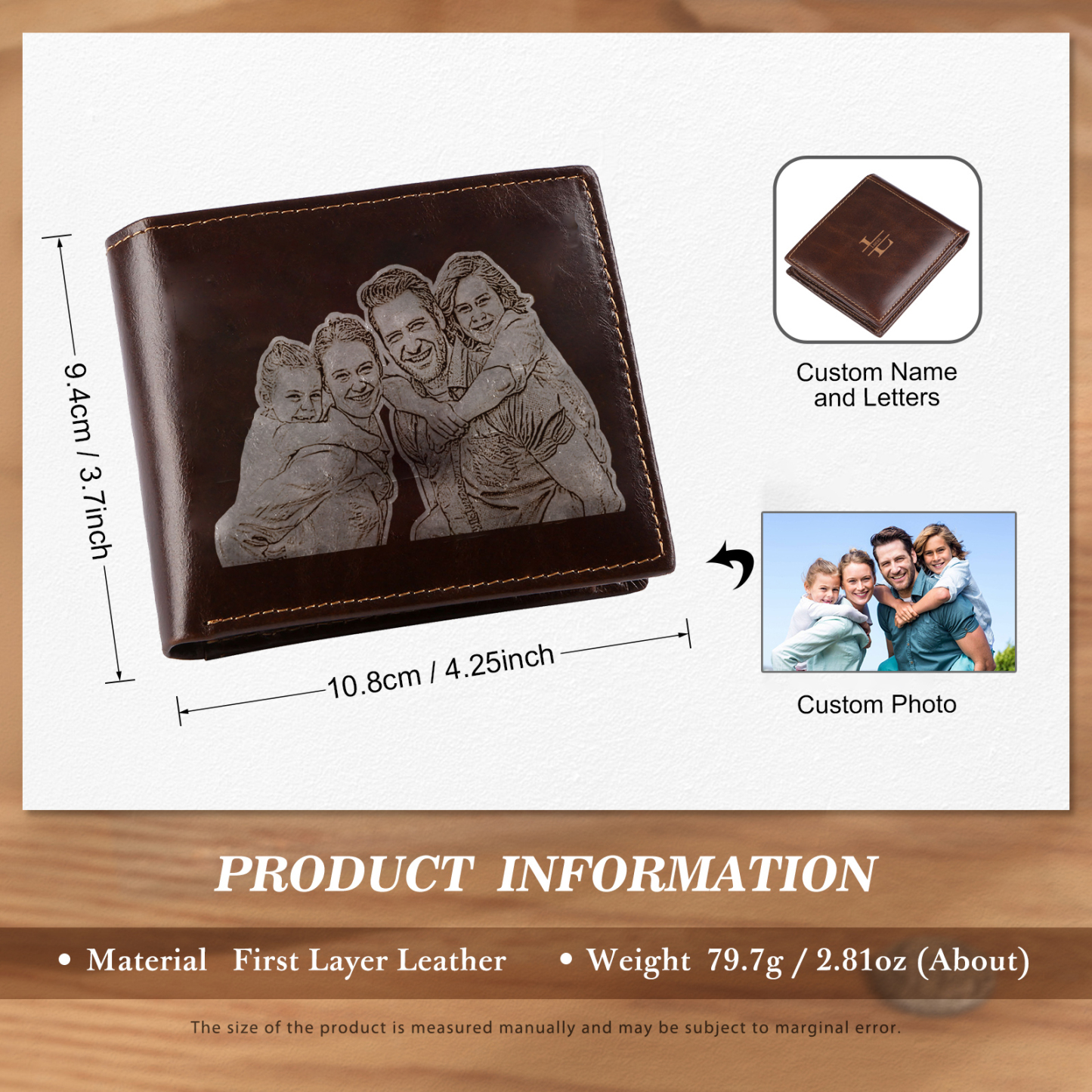 Portefeuille Classique en Cuir Véritable Prénom et Lettre Personnalisés avec Photo Porte-Monnaie Carte avec protection rfid pour Homme | Jessemade