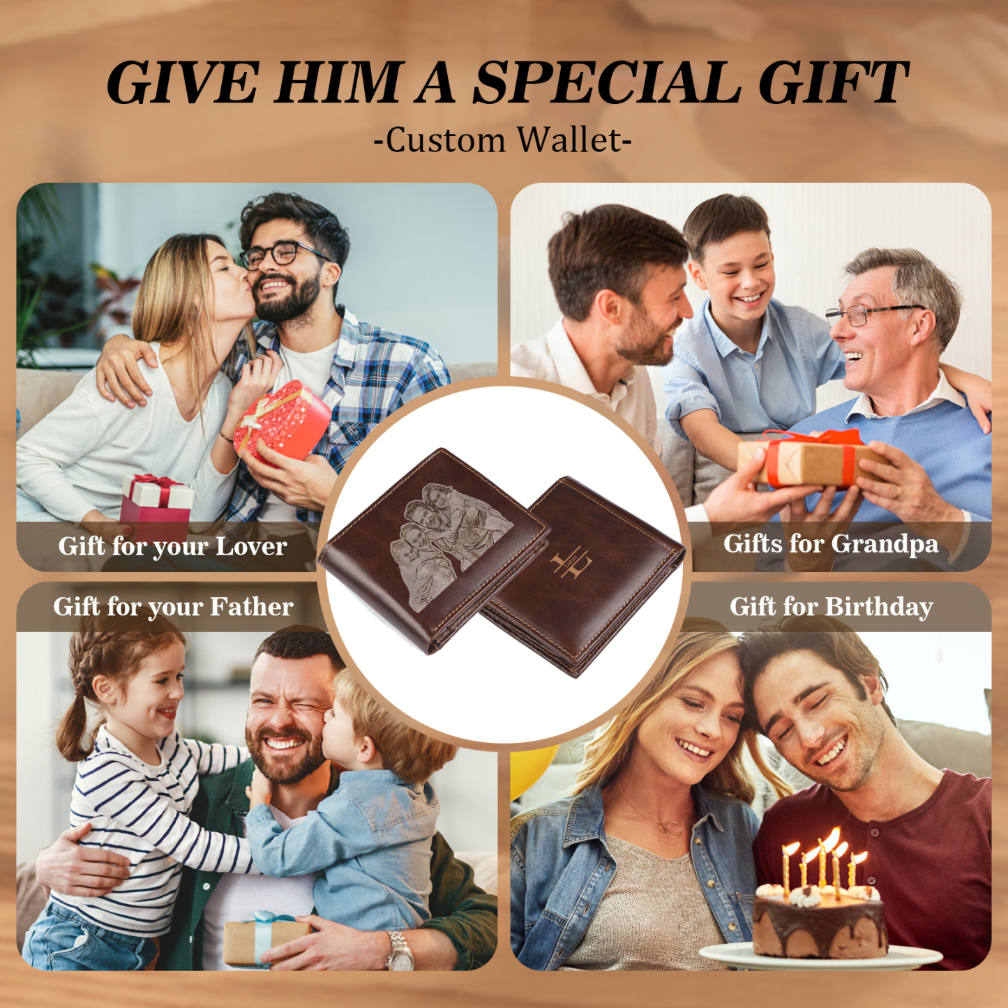 Portefeuille Classique en Cuir Véritable Prénom et Lettre Personnalisés avec Photo Porte-Monnaie Carte avec protection rfid pour Homme | Jessemade