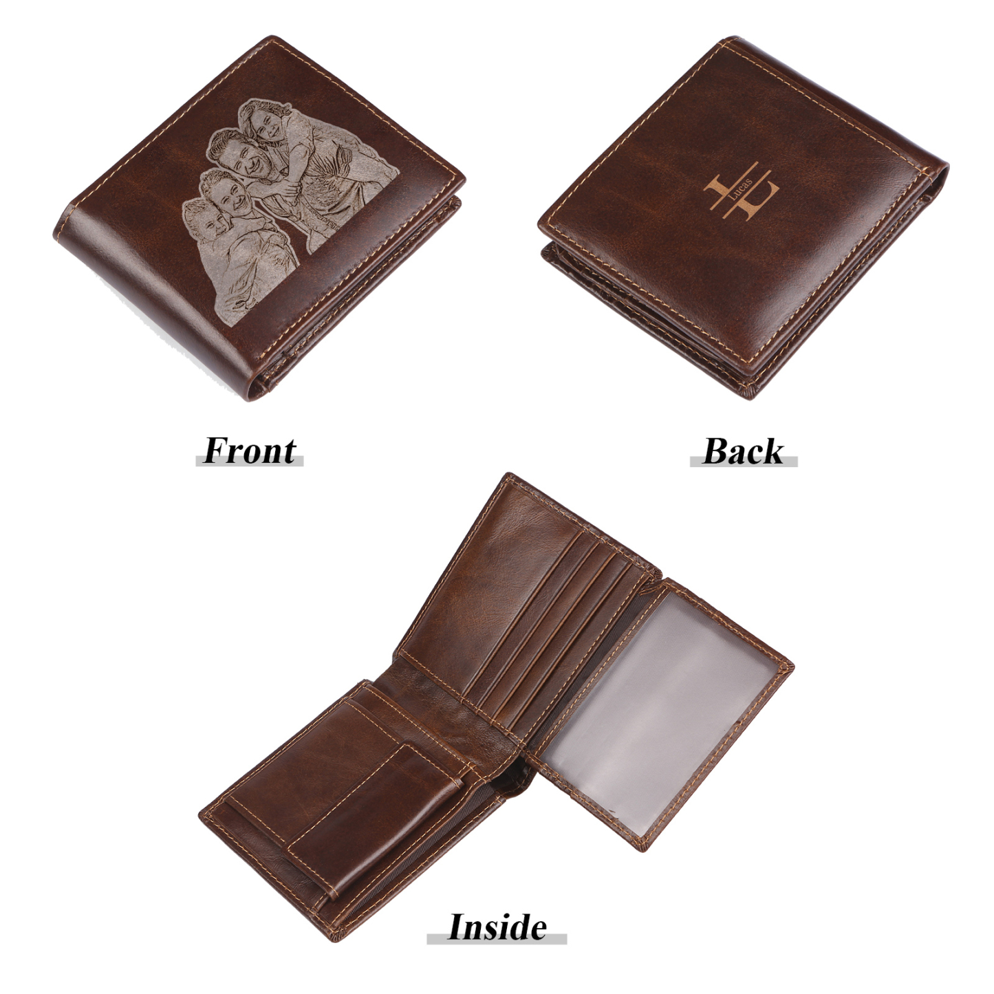 Portefeuille Classique en Cuir Véritable Prénom et Lettre Personnalisés avec Photo Porte-Monnaie Carte avec protection rfid pour Homme | Jessemade
