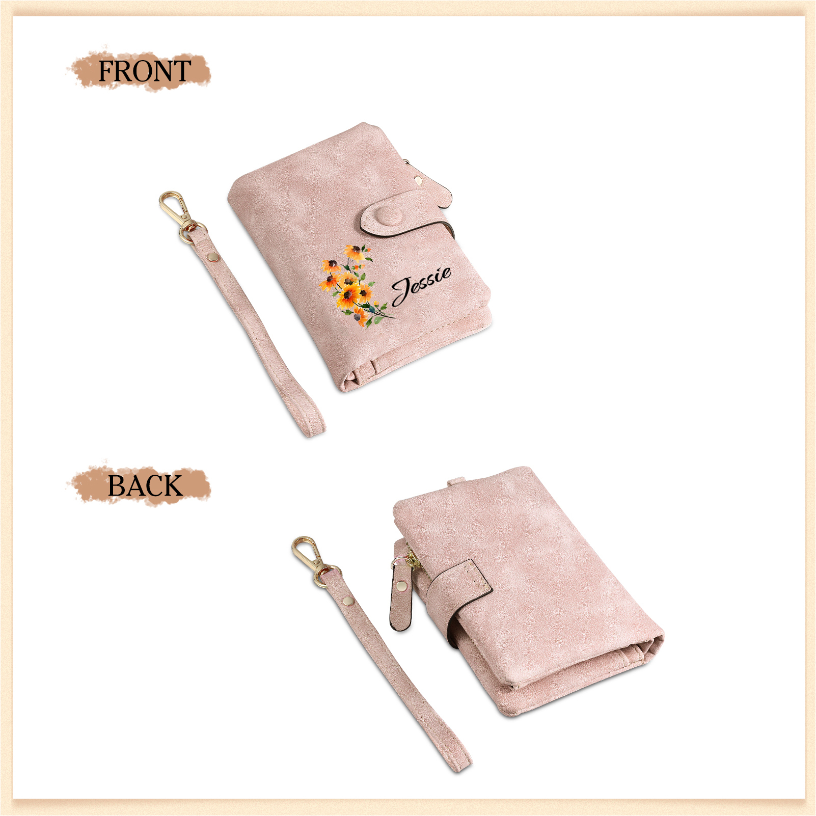 Portefeuille Fleurs 1 Prénom Personnalisés avec 1 fleur de naissance Porte-Monnaie Carte pour Femmes | Jessemade