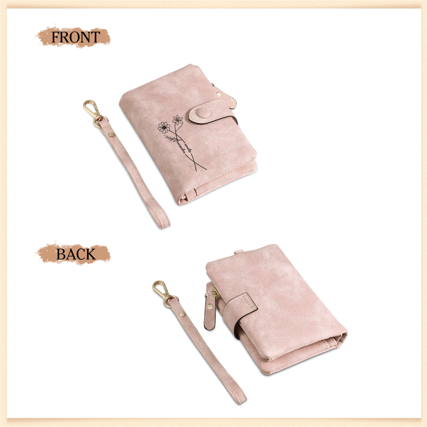 Portefeuille Fleurs 2 Prénoms Personnalisés avec 2 fleurs de naissance Porte-Monnaie Carte pour Femmes | Jessemade