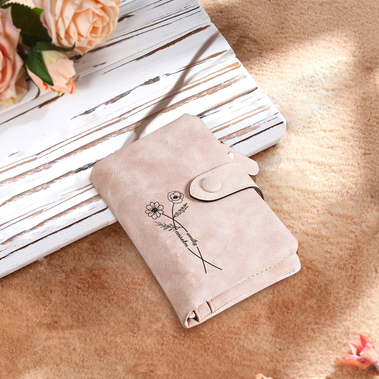 Portefeuille Fleurs 2 Prénoms Personnalisés avec 2 fleurs de naissance Porte-Monnaie Carte pour Femmes | Jessemade