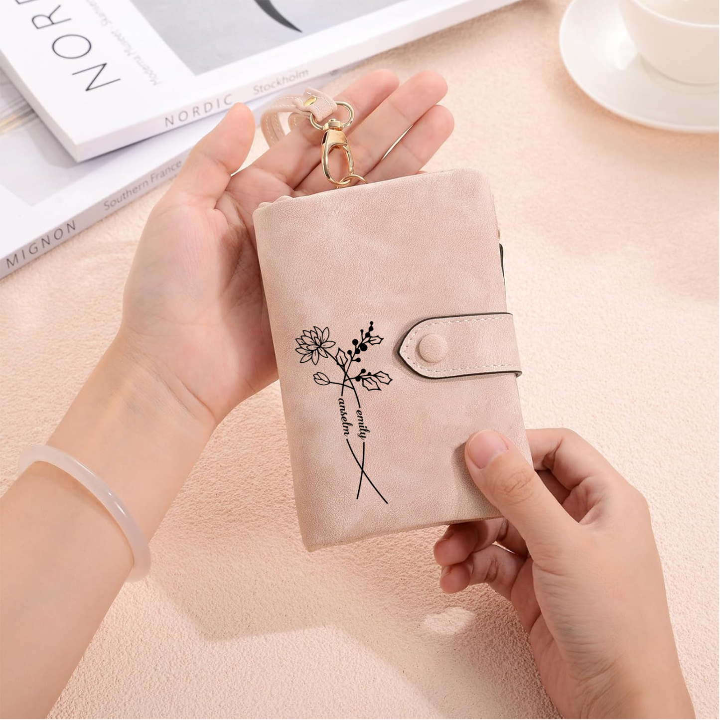 Portefeuille Fleurs 2 Prénoms Personnalisés avec 2 fleurs de naissance Porte-Monnaie Carte pour Femmes | Jessemade