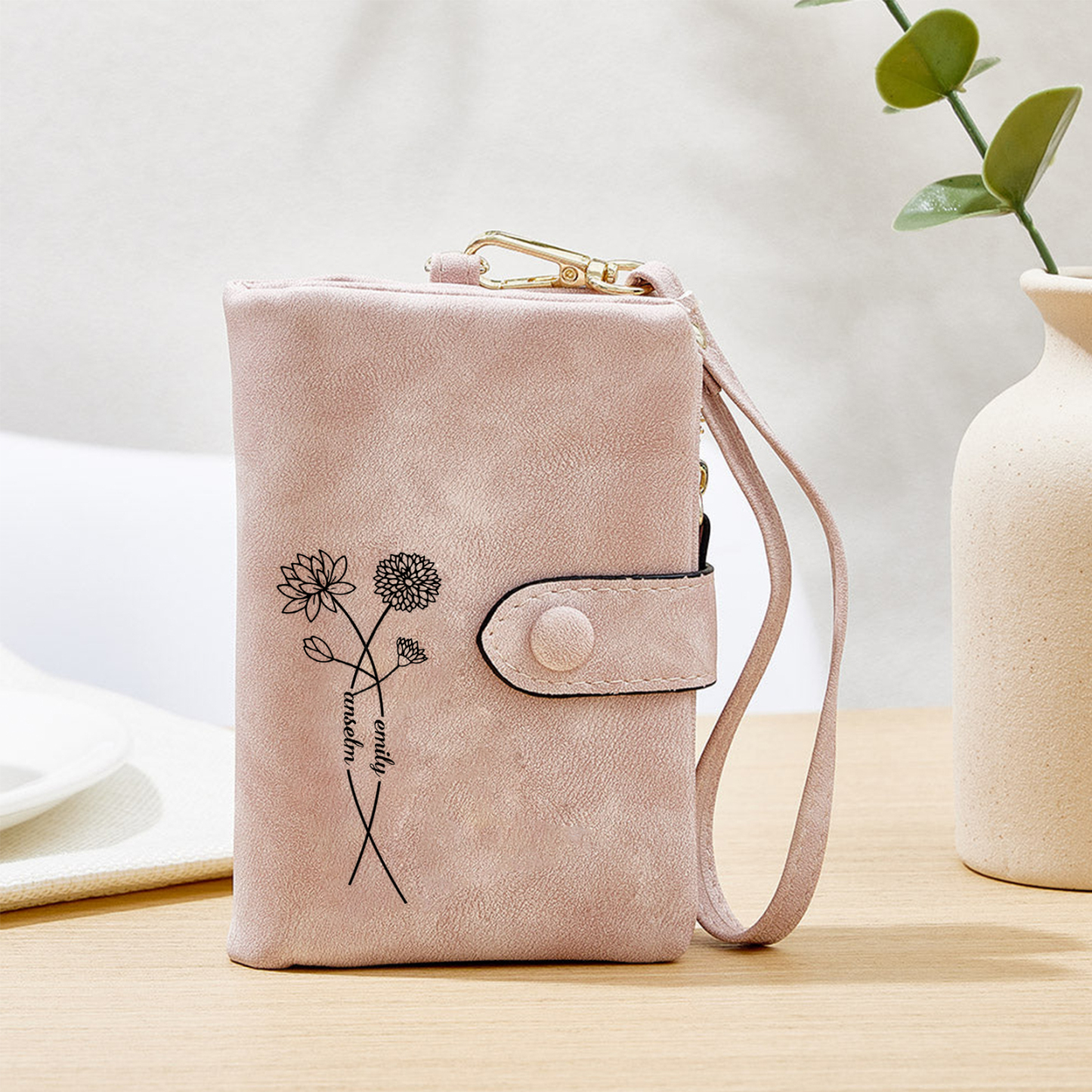 Portefeuille Fleurs 2 Prénoms Personnalisés avec 2 fleurs de naissance Porte-Monnaie Carte pour Femmes | Jessemade