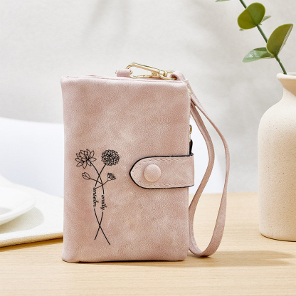 Portefeuille Fleurs 2 Prénoms Personnalisés avec 2 fleurs de naissance Porte-Monnaie Carte pour Femmes | Jessemade