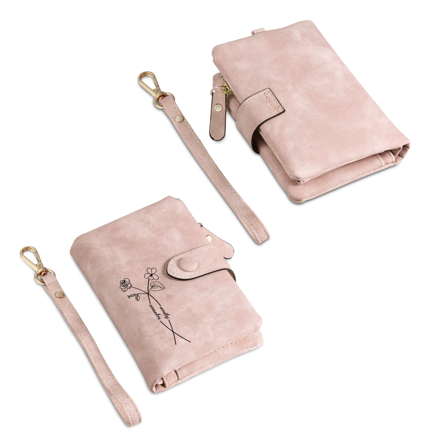 Portefeuille Fleurs 2 Prénoms Personnalisés avec 2 fleurs de naissance Porte-Monnaie Carte pour Femmes | Jessemade