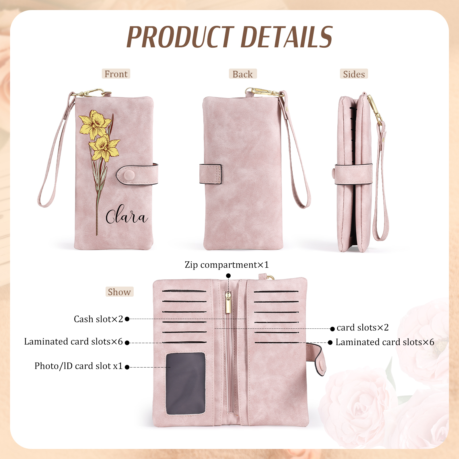 Portefeuille Femme  en cuir PU avec Fleurs de Naissance et Prénom Porte-monnaie Personnalisé 7 Couleurs au Choix | Jessemade