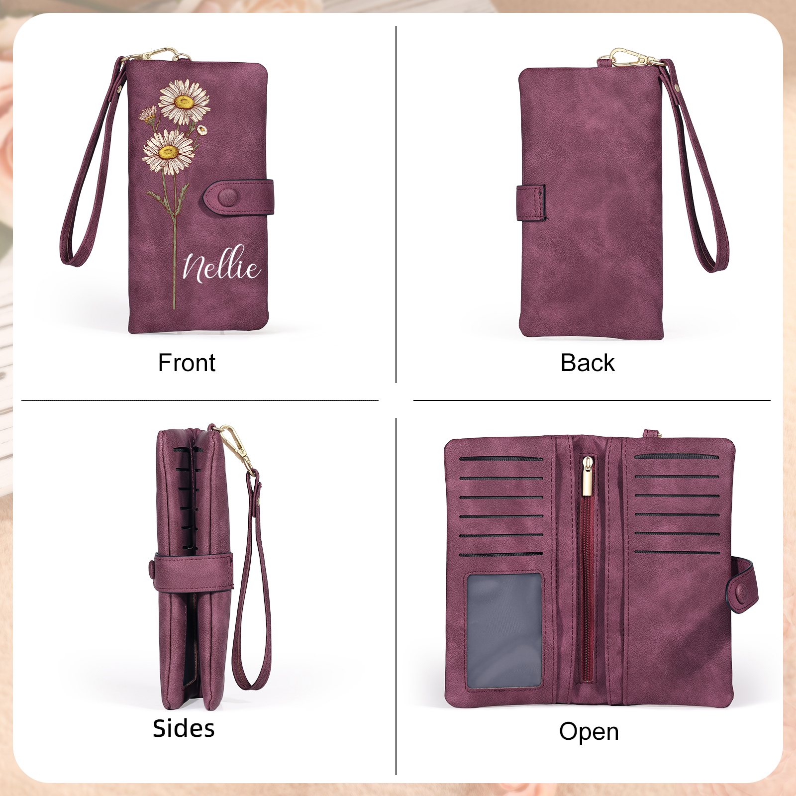 Portefeuille Femme  en cuir PU avec Fleurs de Naissance et Prénom Porte-monnaie Personnalisé 7 Couleurs au Choix | Jessemade