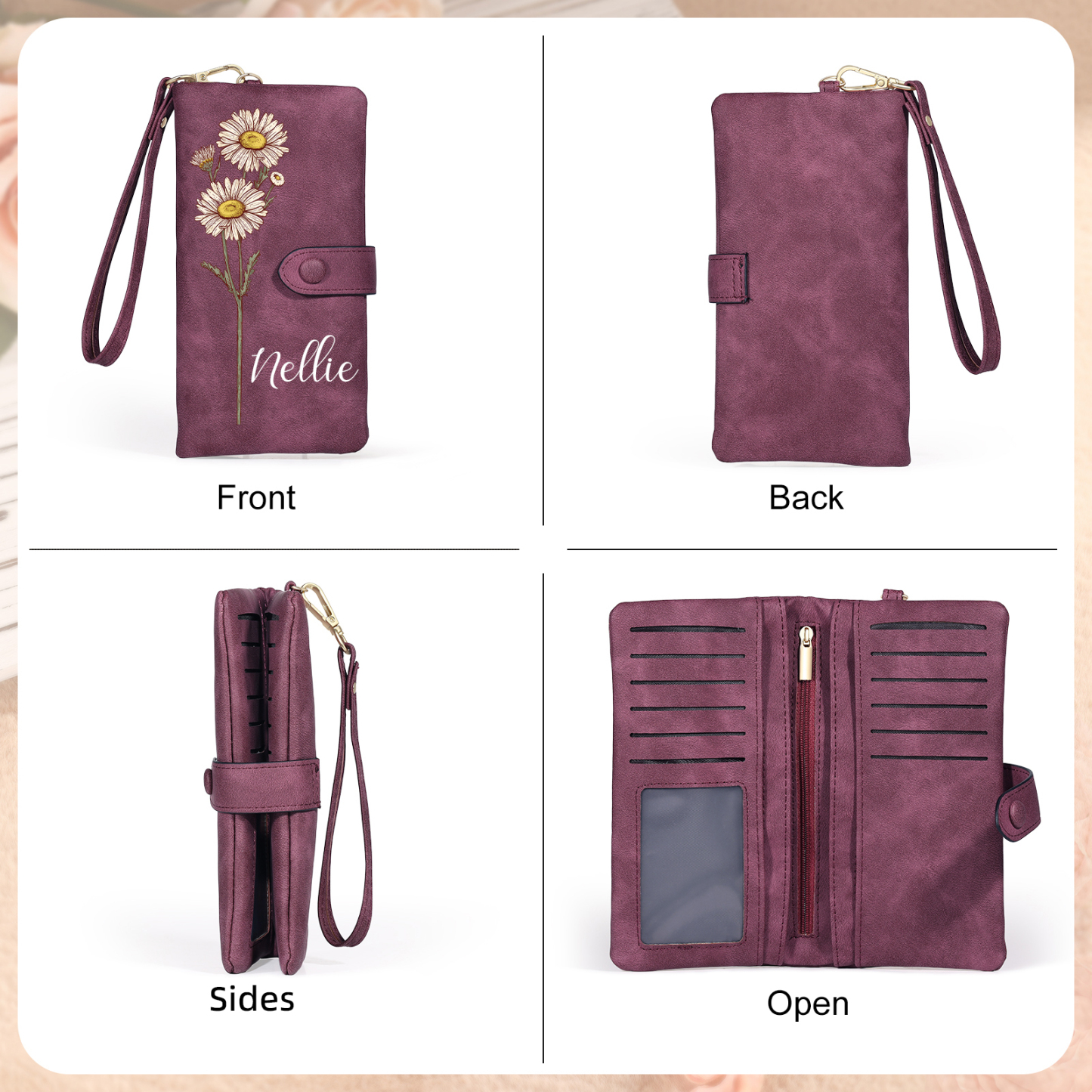 Portefeuille Femme  en cuir PU avec Fleurs de Naissance et Prénom Porte-monnaie Personnalisé 7 Couleurs au Choix | Jessemade