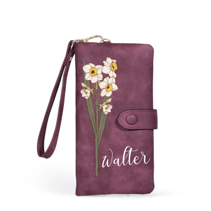 Portefeuille Femme  en cuir PU avec Fleurs de Naissance et Prénom Porte-monnaie Personnalisé 7 Couleurs au Choix | Jessemade