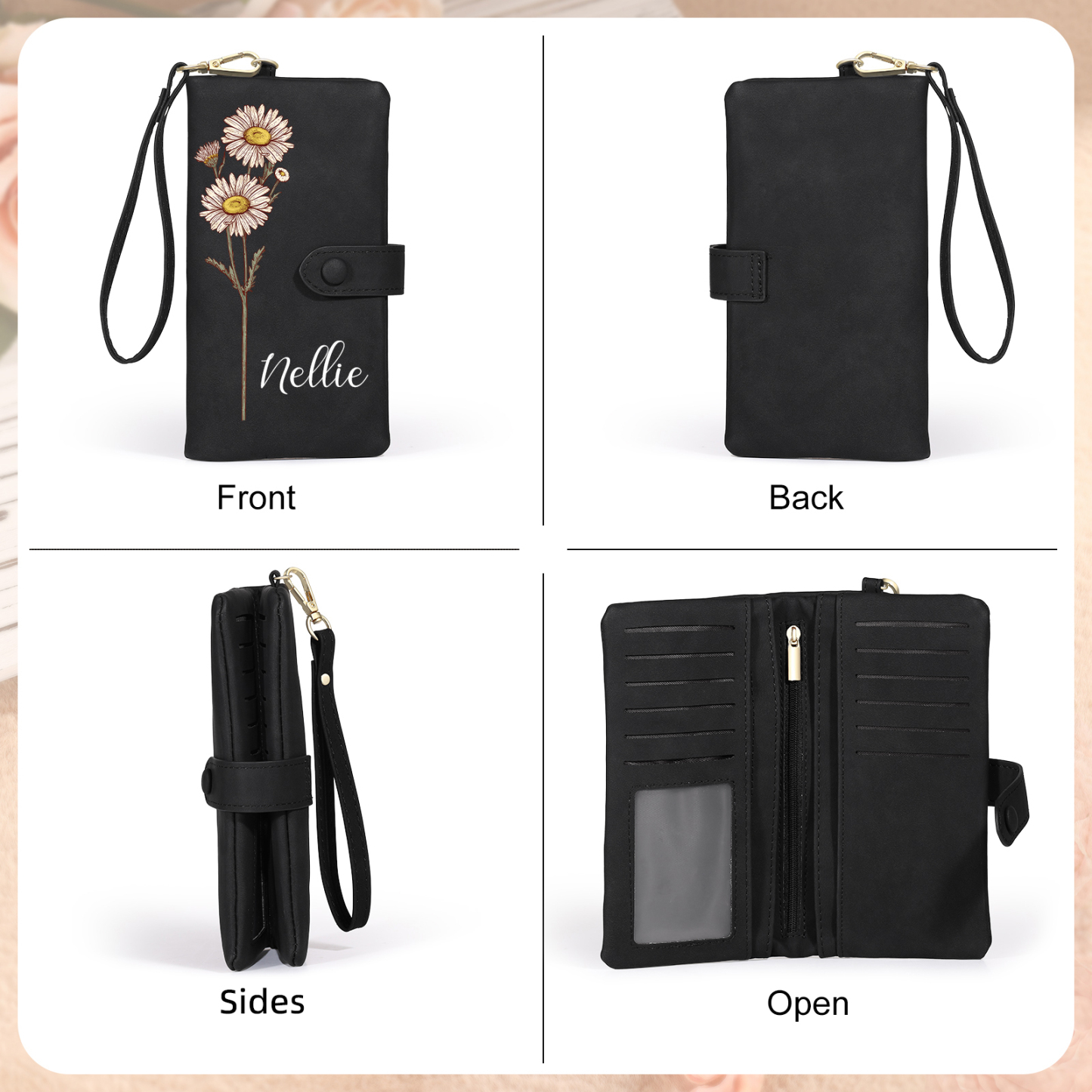 Portefeuille Femme  en cuir PU avec Fleurs de Naissance et Prénom Porte-monnaie Personnalisé 7 Couleurs au Choix | Jessemade
