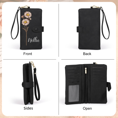 Portefeuille Femme  en cuir PU avec Fleurs de Naissance et Prénom Porte-monnaie Personnalisé 7 Couleurs au Choix | Jessemade