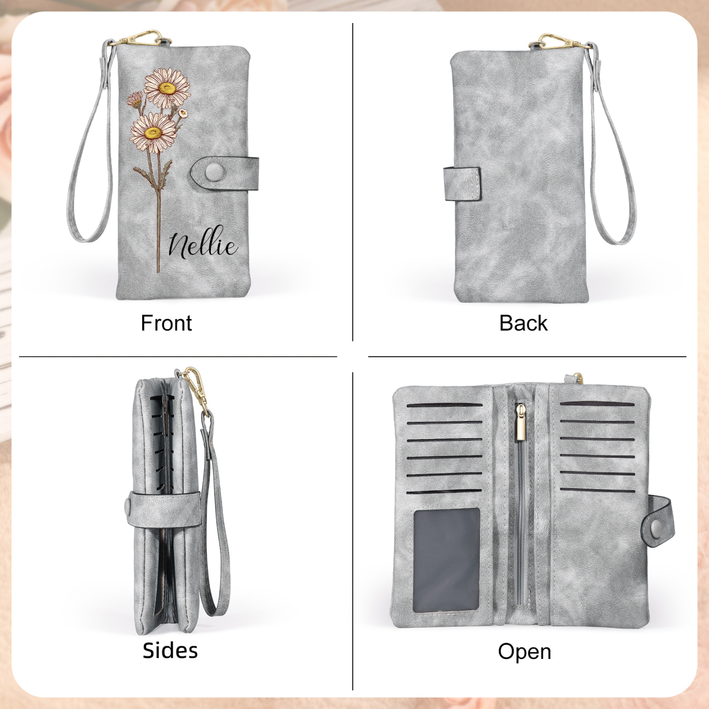 Portefeuille Femme  en cuir PU avec Fleurs de Naissance et Prénom Porte-monnaie Personnalisé 7 Couleurs au Choix | Jessemade