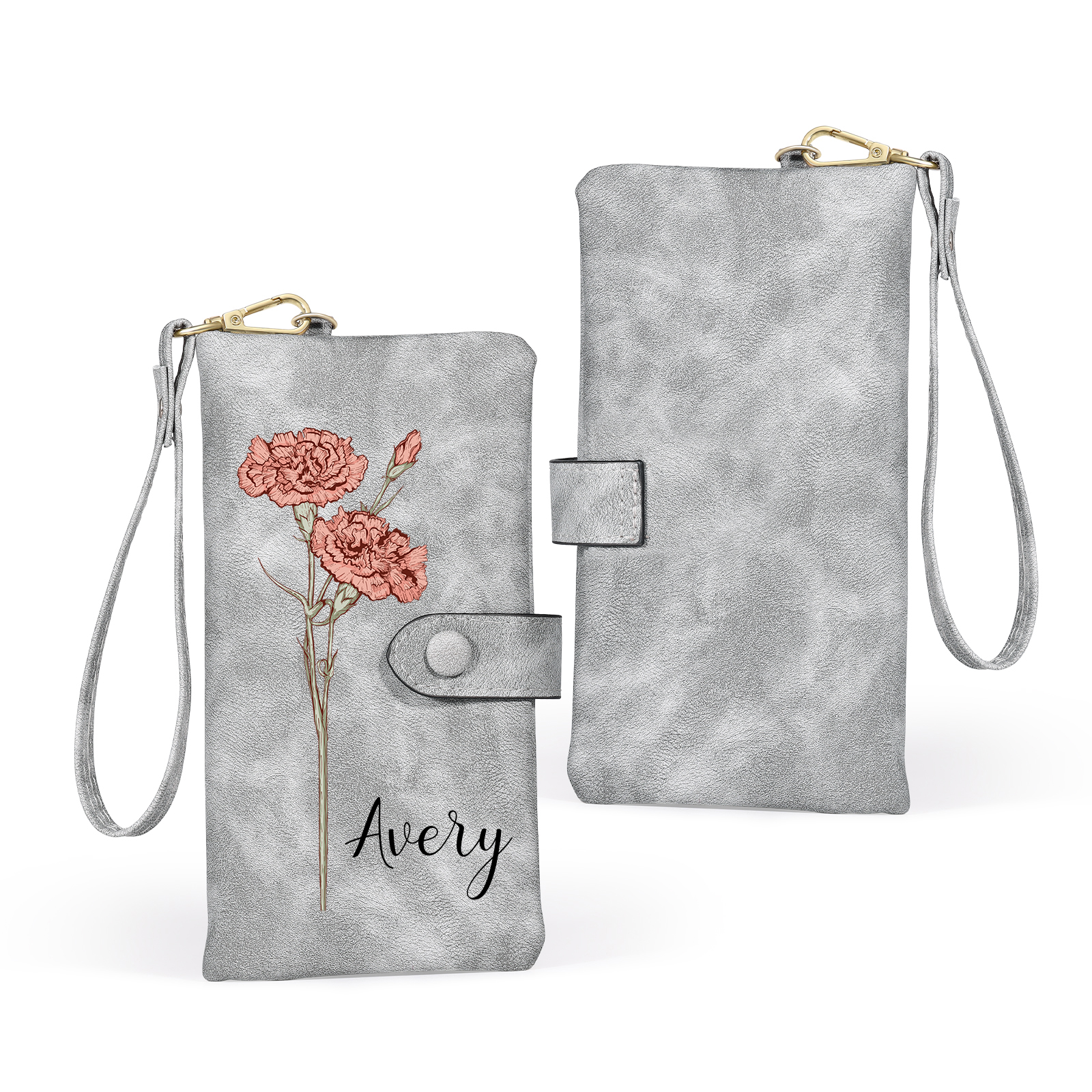 Portefeuille Femme  en cuir PU avec Fleurs de Naissance et Prénom Porte-monnaie Personnalisé 7 Couleurs au Choix | Jessemade