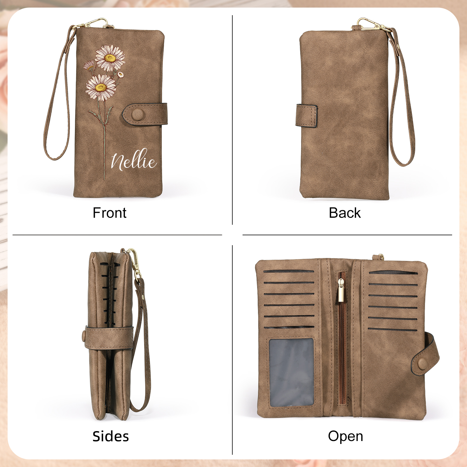 Portefeuille Femme  en cuir PU avec Fleurs de Naissance et Prénom Porte-monnaie Personnalisé 7 Couleurs au Choix | Jessemade