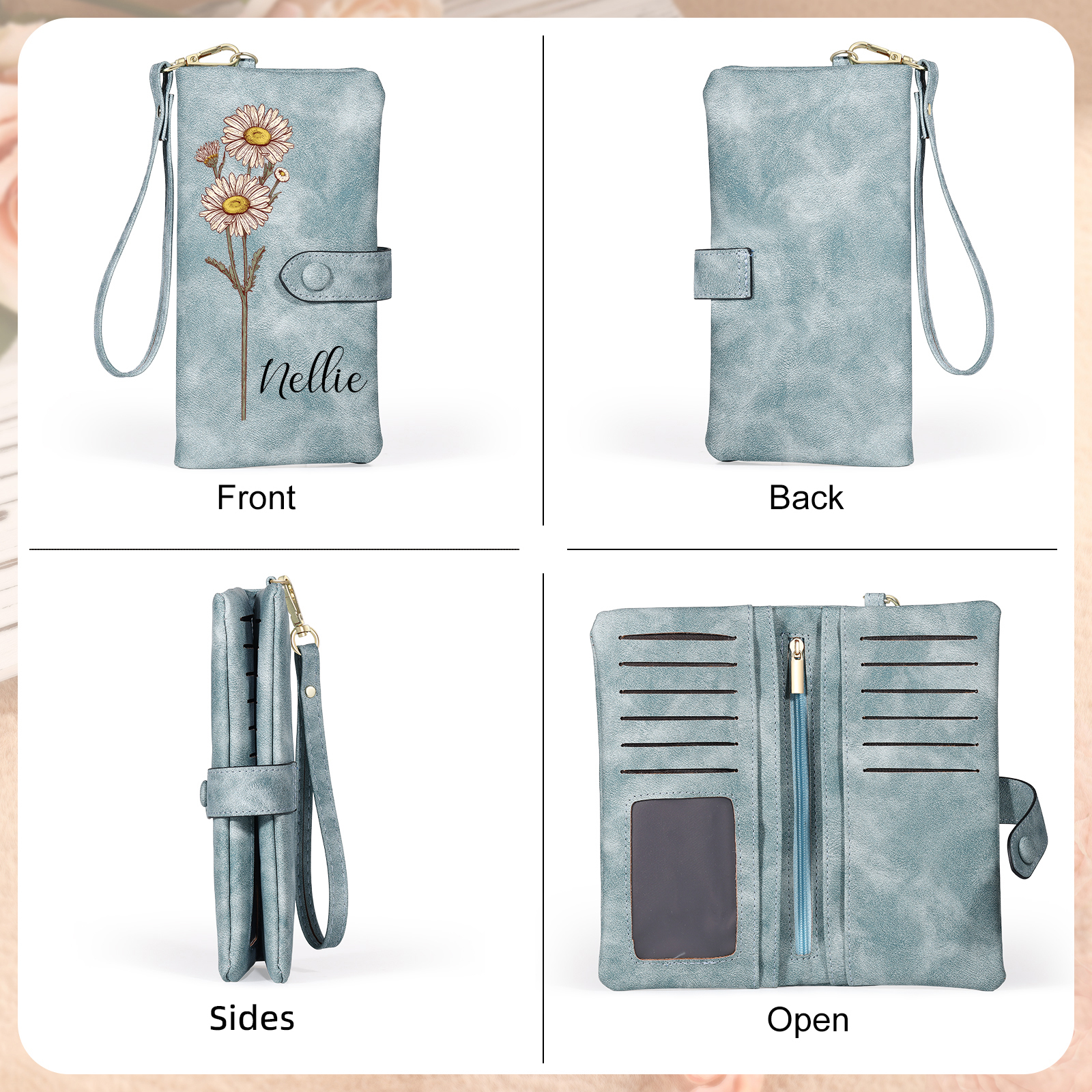 Portefeuille Femme  en cuir PU avec Fleurs de Naissance et Prénom Porte-monnaie Personnalisé 7 Couleurs au Choix | Jessemade