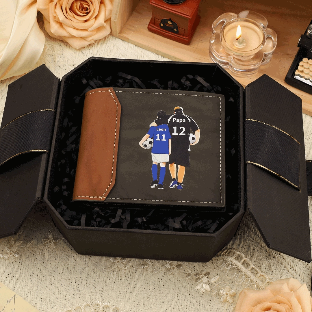 À Papa - Portefeuille Homme 2 Prénoms Personnalisés Avec Image d'un Père et son enfant Porte-Monnaie en Cuir Pour Papa | Jessemade