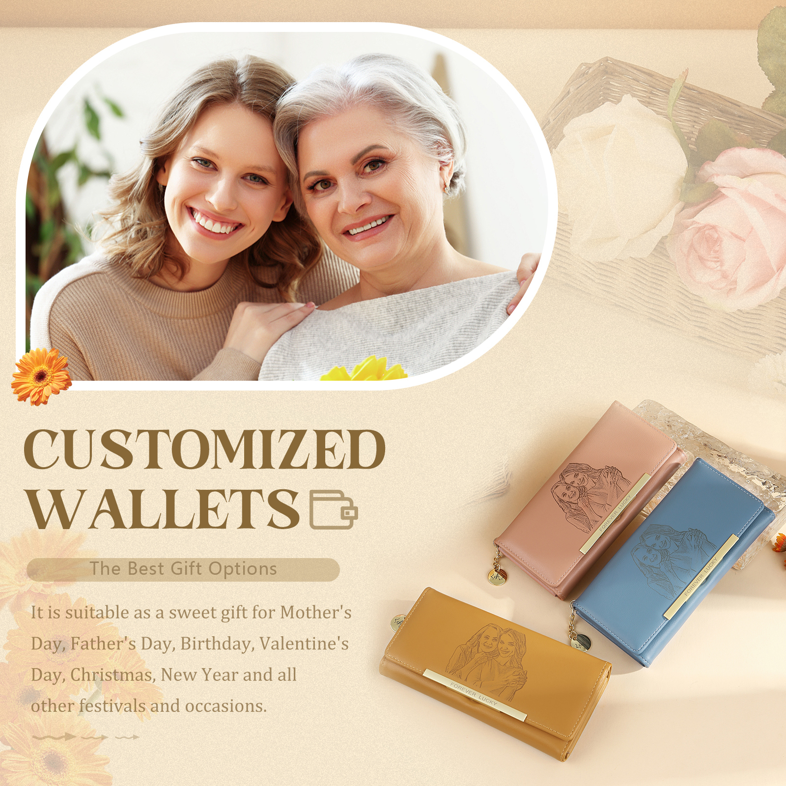 Portefeuille Personnalisé avec Photo Lettre et Texte Porte-monnaie carte en cuir PU pour Femme Rose/Bleu/Jaune | Jessemade