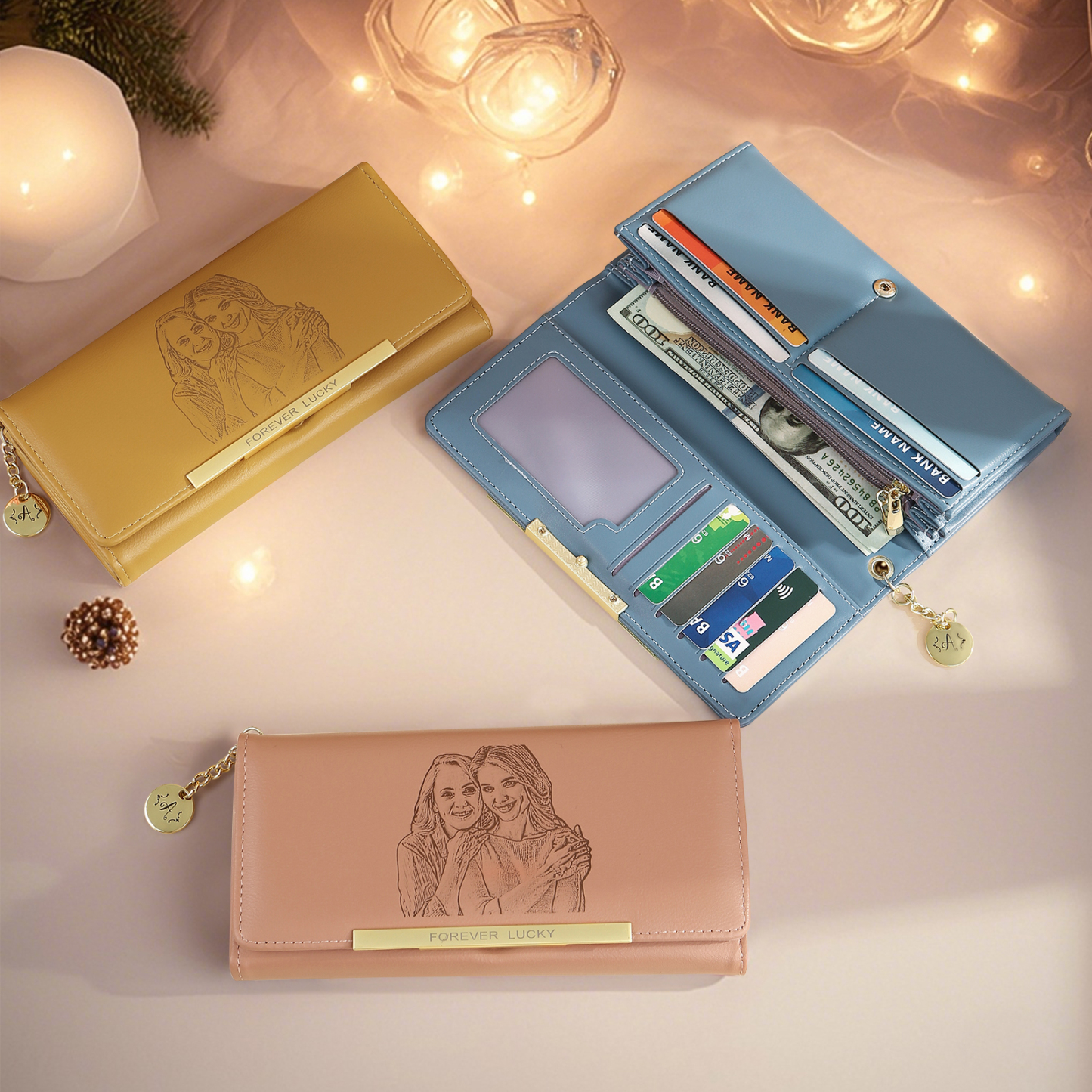 Portefeuille Personnalisé avec Photo Lettre et Texte Porte-monnaie carte en cuir PU pour Femme Rose/Bleu/Jaune | Jessemade