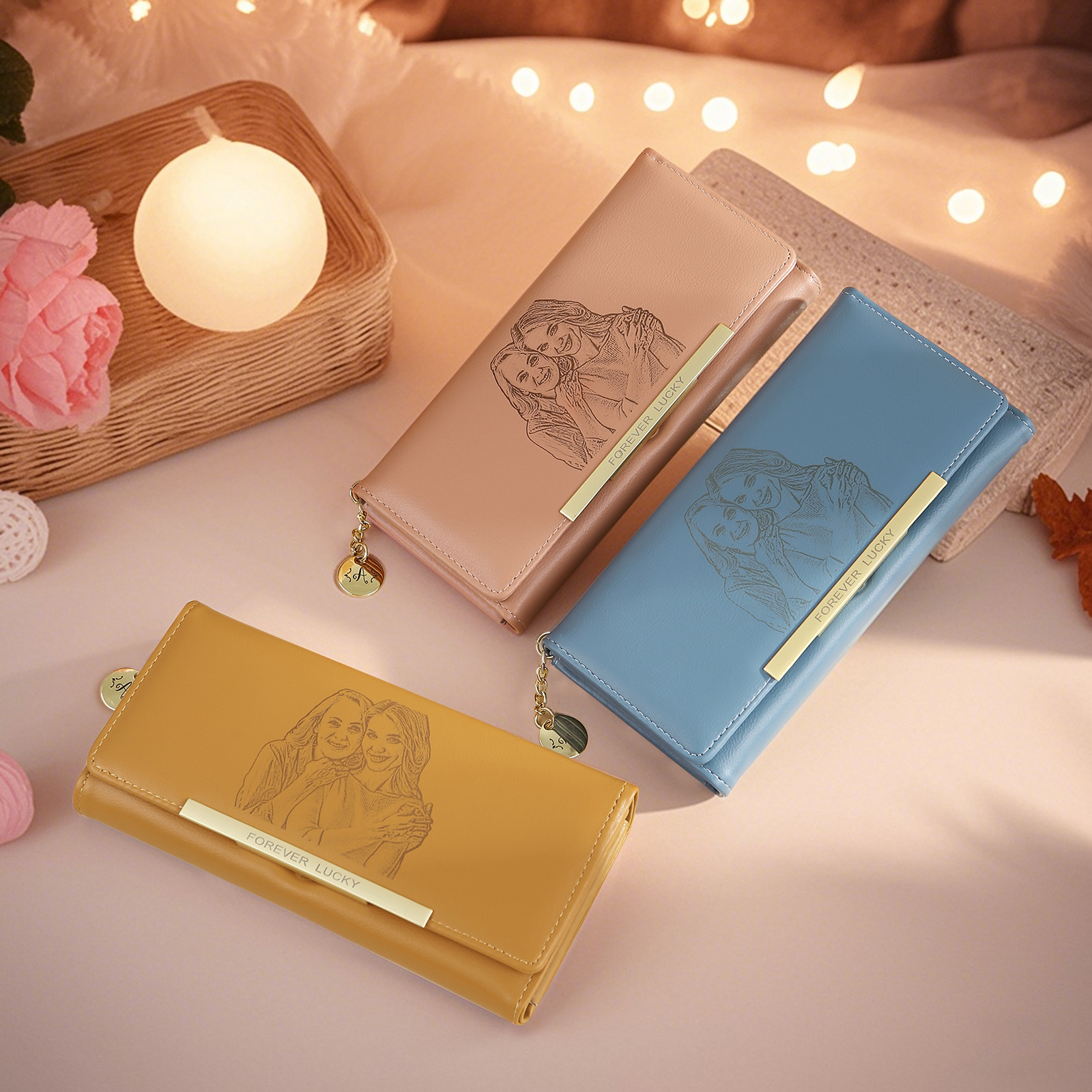 Portefeuille Personnalisé avec Photo Lettre et Texte Porte-monnaie carte en cuir PU pour Femme Rose/Bleu/Jaune | Jessemade