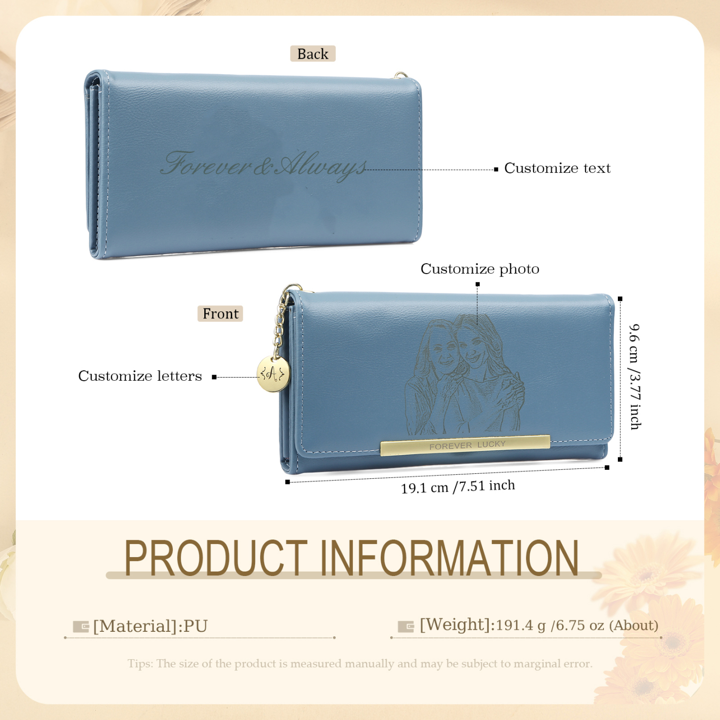 Portefeuille Personnalisé avec Photo Lettre et Texte Porte-monnaie carte en cuir PU pour Femme Rose/Bleu/Jaune | Jessemade