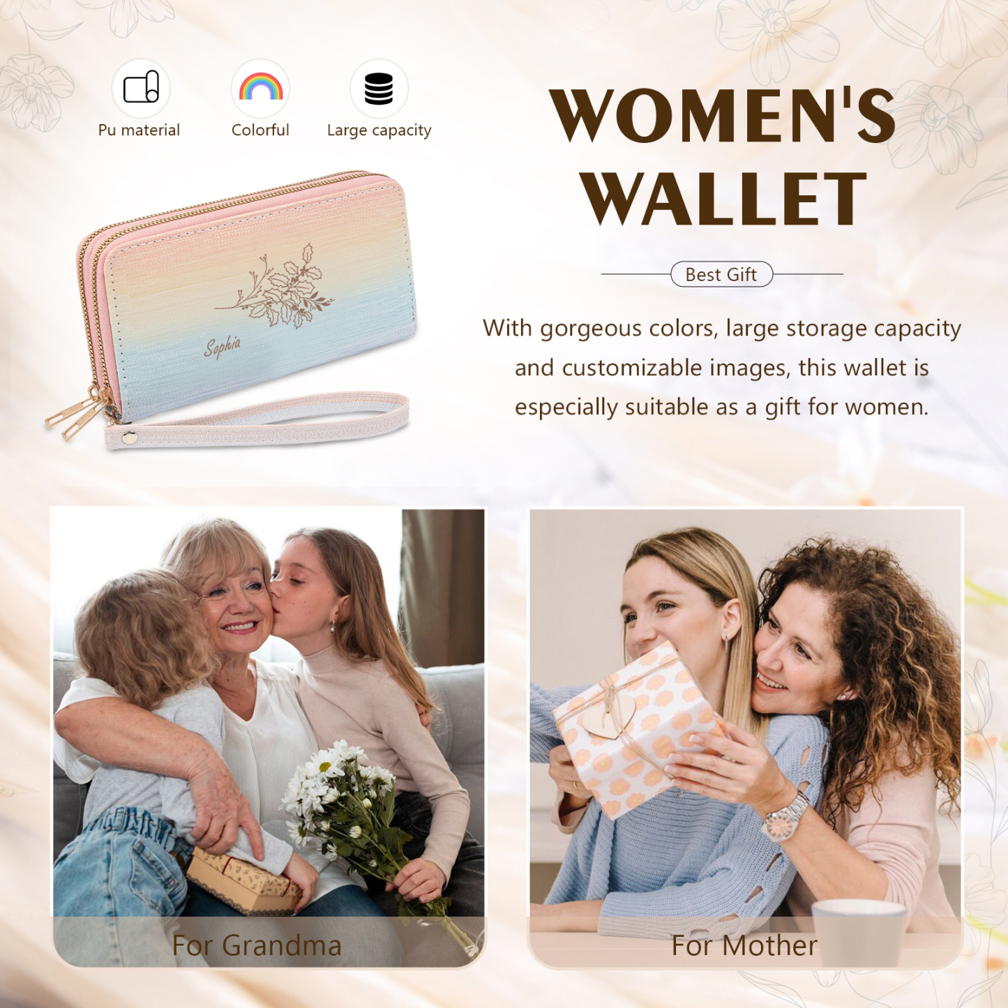 Portefeuille Personnalisé avec Prénom et Fleur de Naissance Porte-monnaie en Cuir pour Femme | Jessemade