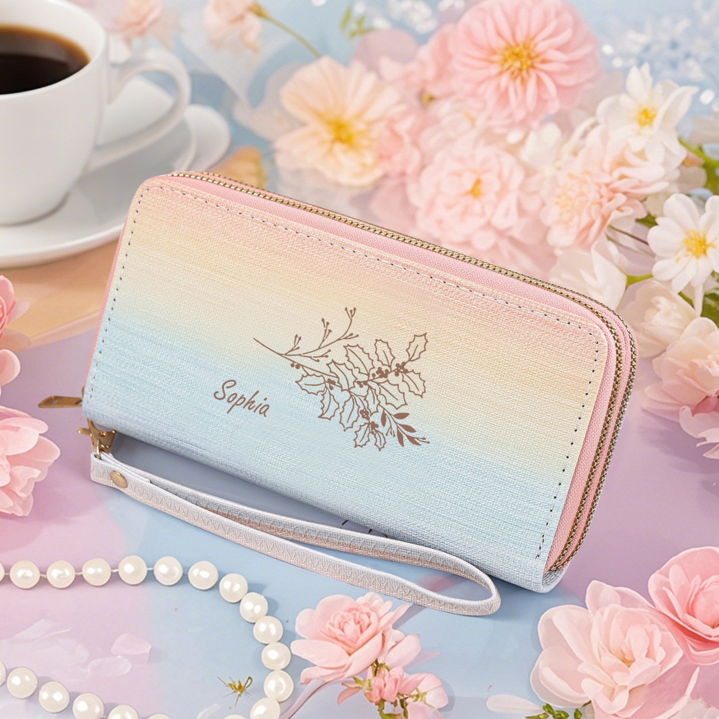 Portefeuille Personnalisé avec Prénom et Fleur de Naissance Porte-monnaie en Cuir pour Femme | Jessemade