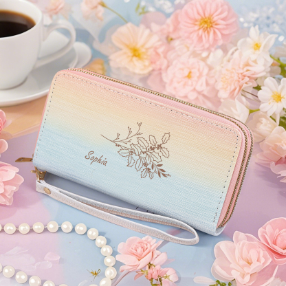 Portefeuille Personnalisé avec Prénom et Fleur de Naissance Porte-monnaie en Cuir pour Femme | Jessemade
