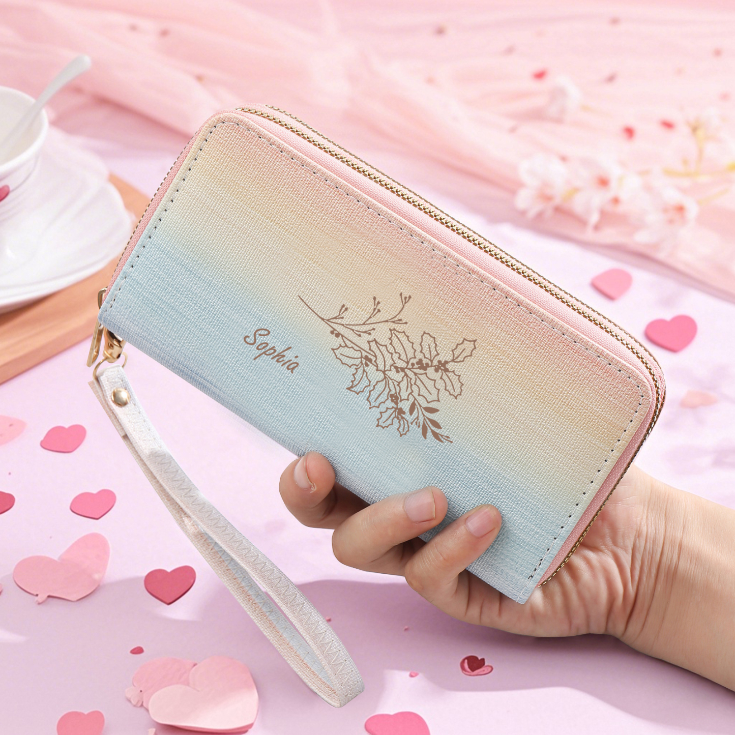 Portefeuille Personnalisé avec Prénom et Fleur de Naissance Porte-monnaie en Cuir pour Femme | Jessemade