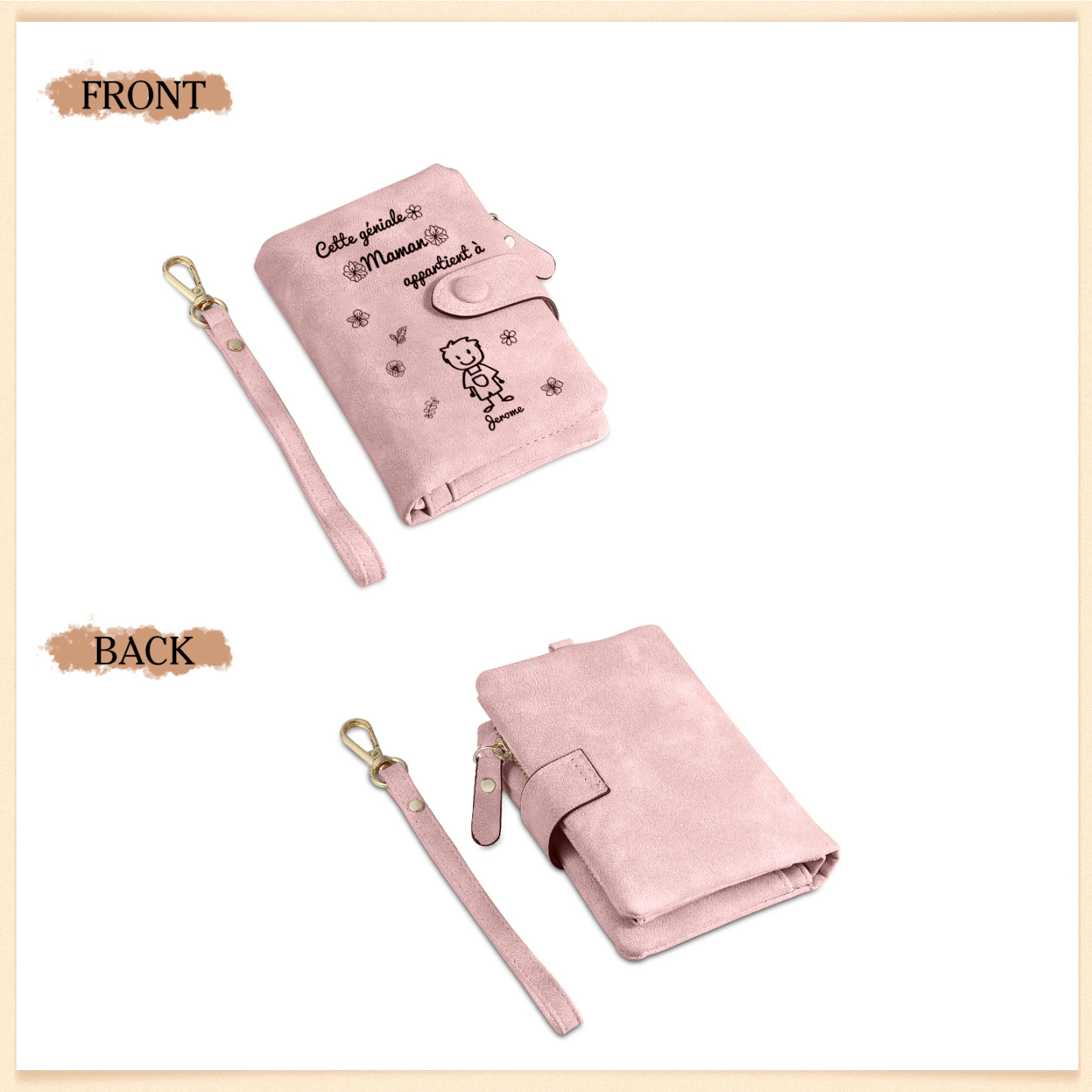 2PCS Coffret Cadeau - À Vos Parents Portefeuille Femme et Portefeuille Homme Personnalisé avec Prénom Photo et Enfant Dessin | Jessemade