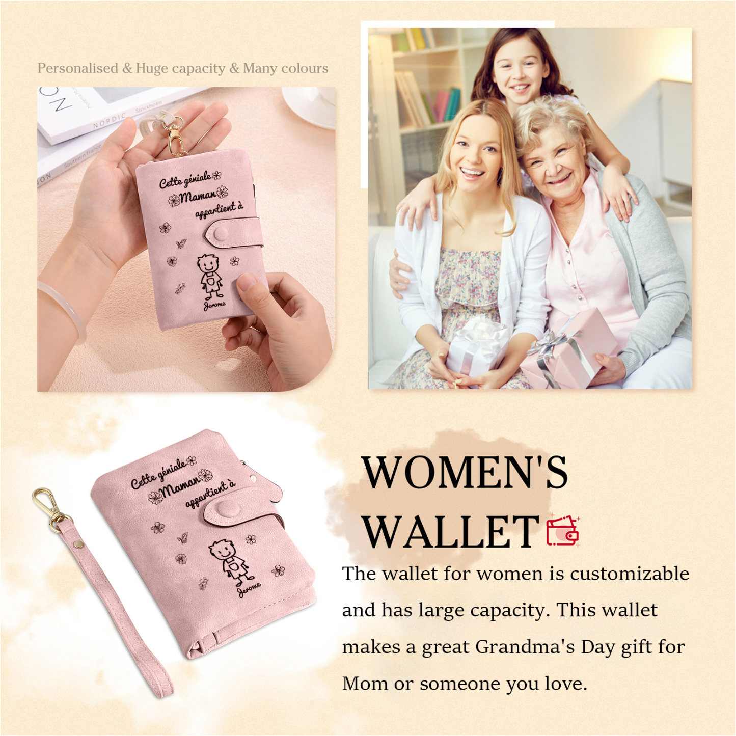 2PCS Coffret Cadeau - À Vos Parents Portefeuille Femme et Portefeuille Homme Personnalisé avec Prénom Photo et Enfant Dessin | Jessemade