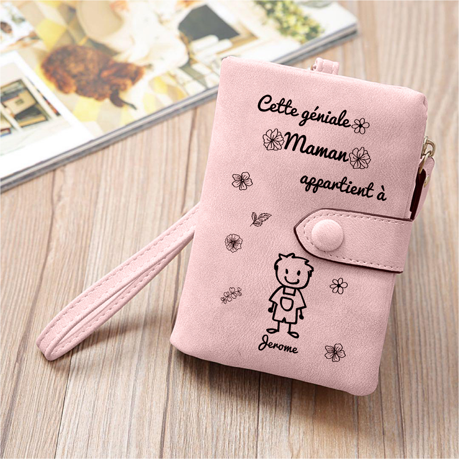 2PCS Coffret Cadeau - À Vos Parents Portefeuille Femme et Portefeuille Homme Personnalisé avec Prénom Photo et Enfant Dessin | Jessemade