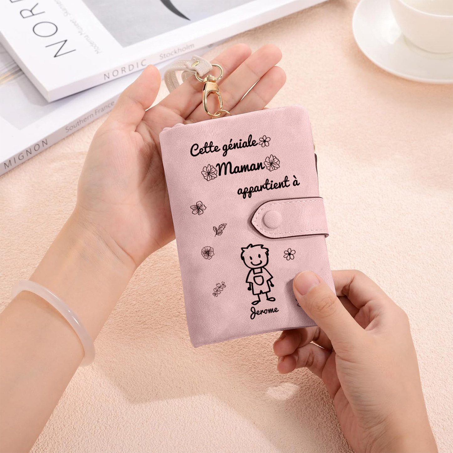 2PCS Coffret Cadeau - À Vos Parents Portefeuille Femme et Portefeuille Homme Personnalisé avec Prénom Photo et Enfant Dessin | Jessemade