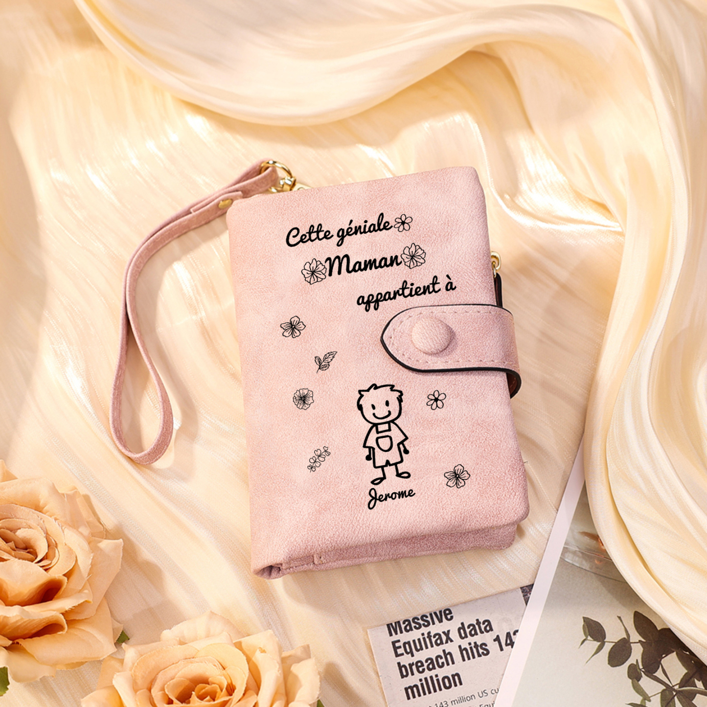2PCS Coffret Cadeau - À Vos Parents Portefeuille Femme et Portefeuille Homme Personnalisé avec Prénom Photo et Enfant Dessin | Jessemade