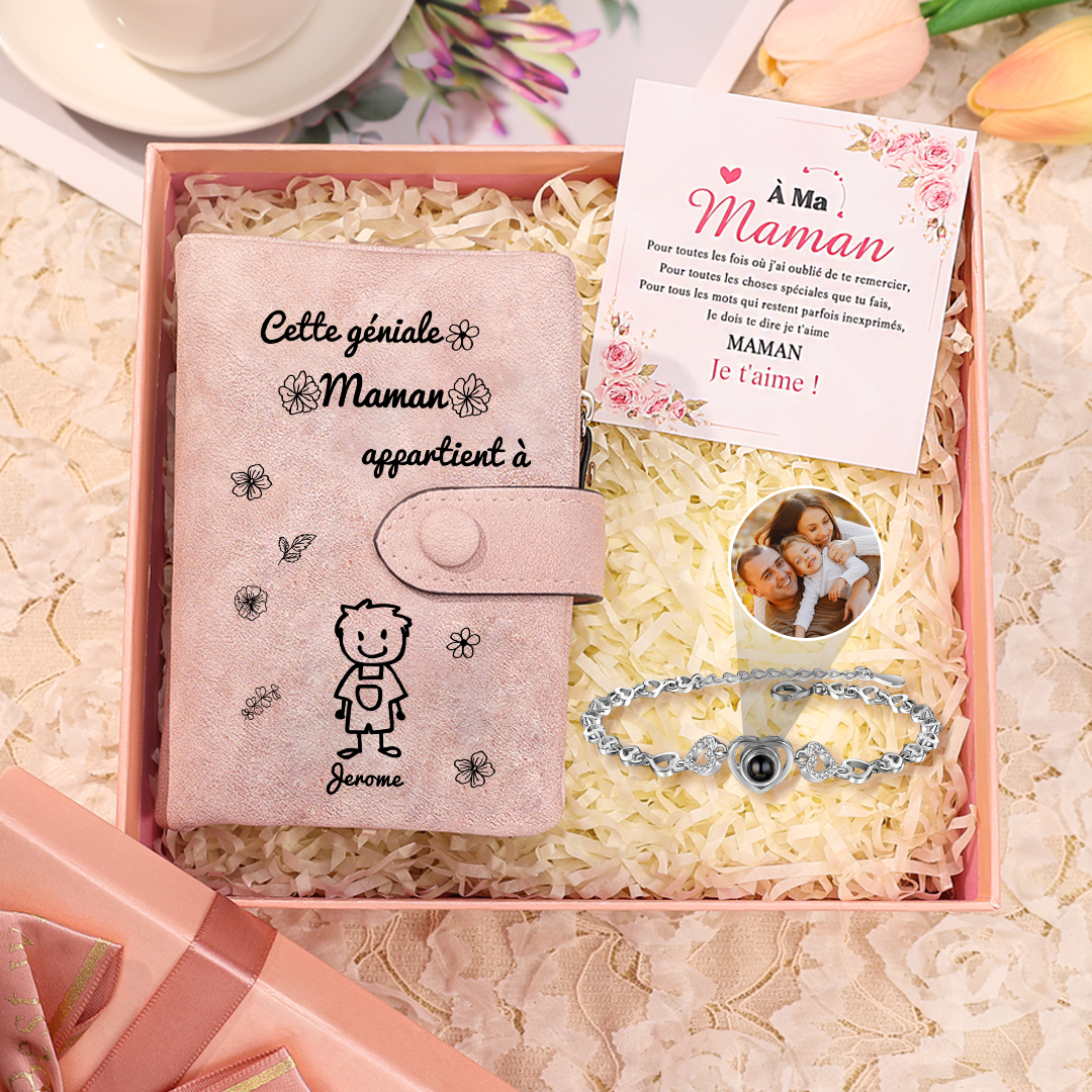 3PCS Coffret Cadeau  À Maman - Portefeuille Bracelet Projection et Carte Personnalisés avec Prénom Dessin Enfant et Photo | Jessemade