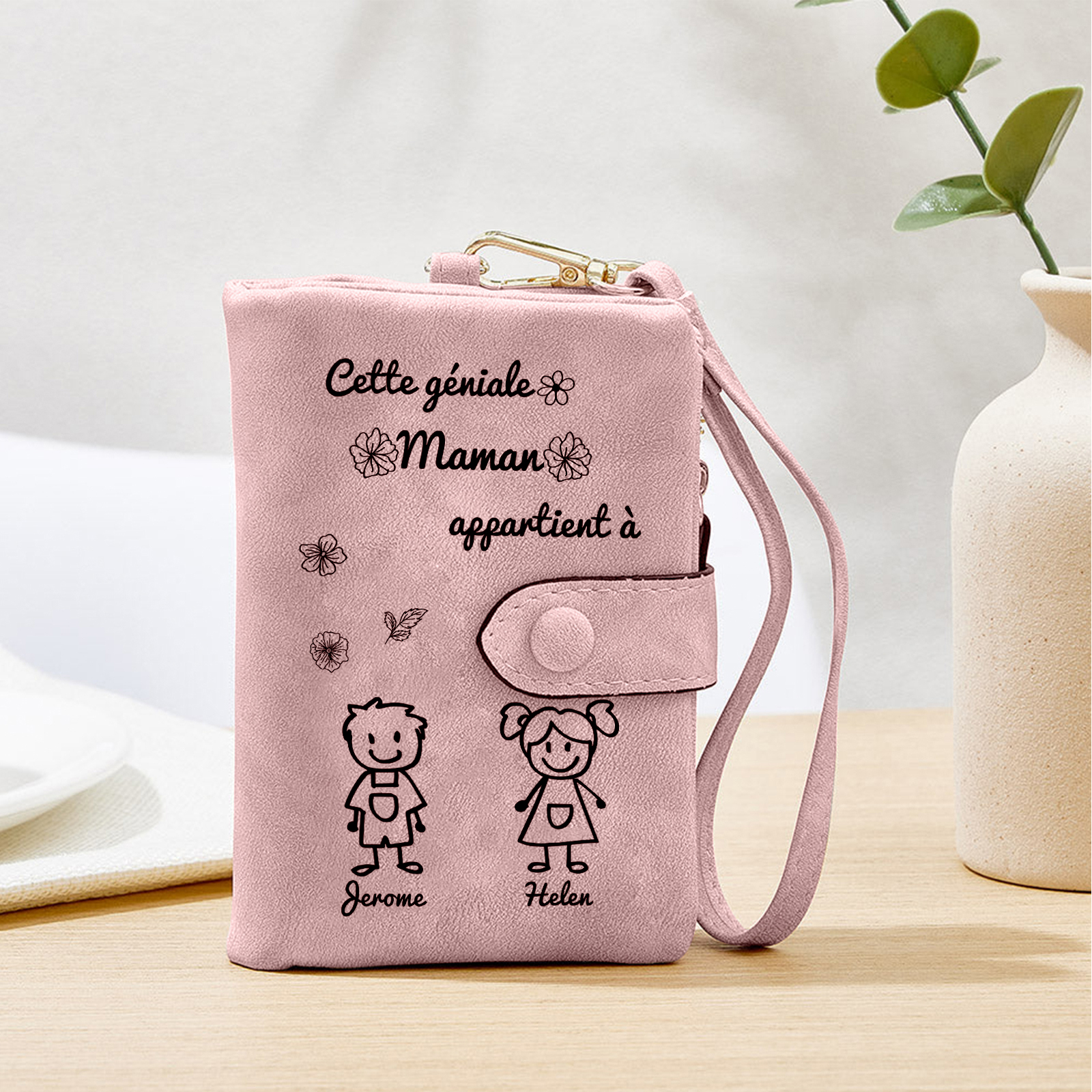À Maman Portefeuille Personnalisé en Rose avec 2 Prénoms et Enfants Cadeau pour Maman | Jessemade